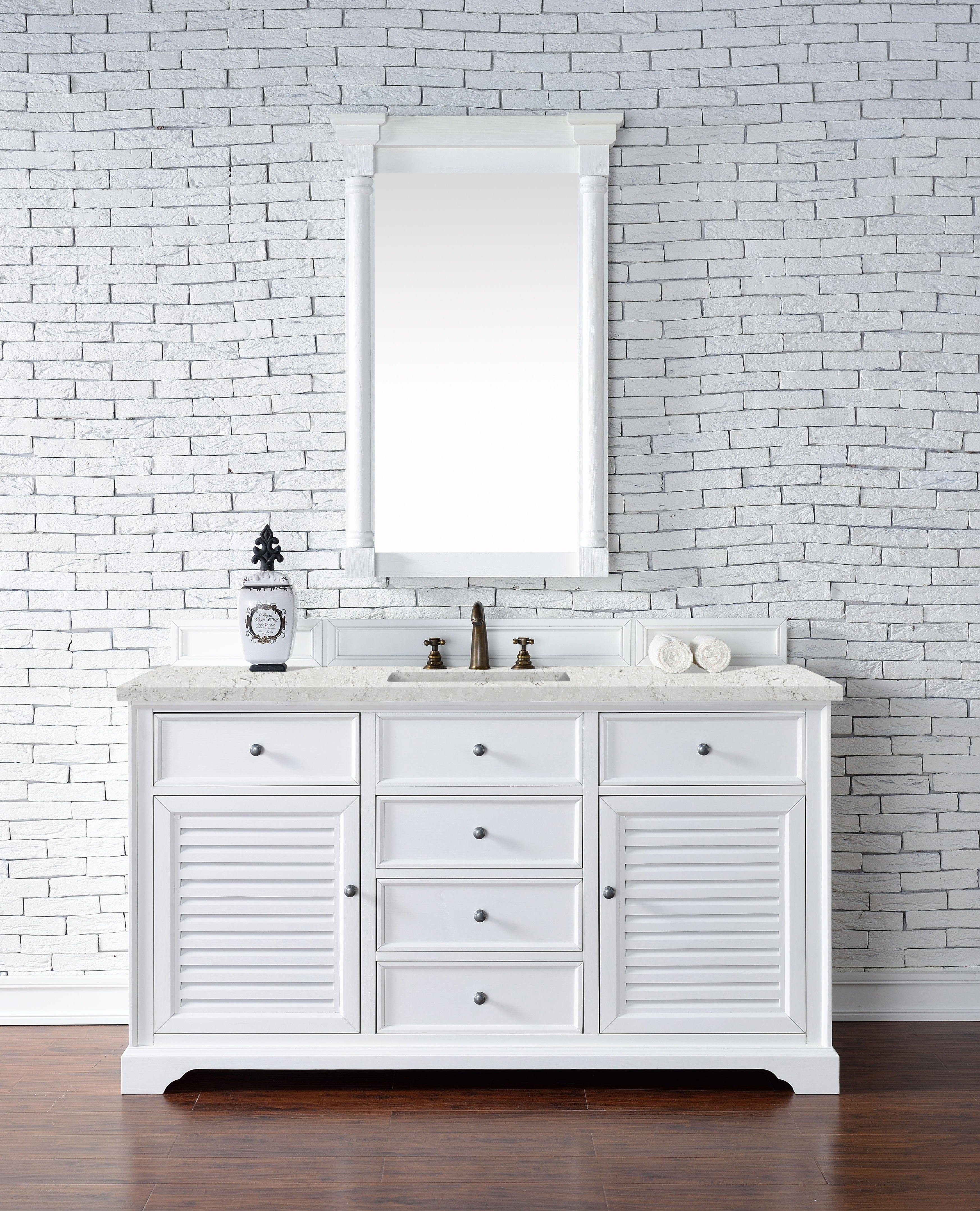 Savannah 60 Inch Single Bathroom Vanity Cabinet in Bright White with 3CM Eternal Jasmine Pearl Quartz Countertop – Perfect for Modern Master Bathrooms and Guest Suites