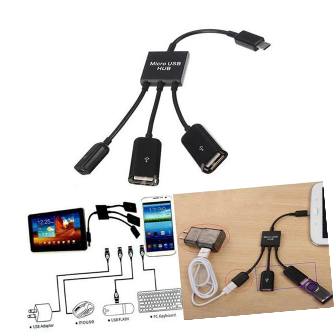 Mikikit 2-Pack 3-in-1 USB OTG Adapter - Male to Female USB Hub Converter with Micro USB Cable for Smartphones, Tablets, Laptops - Perfect for Data Transfer, Charging & Connecting Multiple Devices