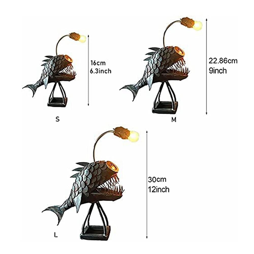 CAFELE Rustic USB Angler Fish Lamp - Steampunk Style Shark Table Lamp with Realistic LED Flame Bulbs, Handmade Night Light for Bedroom, Office & Reading | Unique Industrial Home Decor Gift (Medium Size)