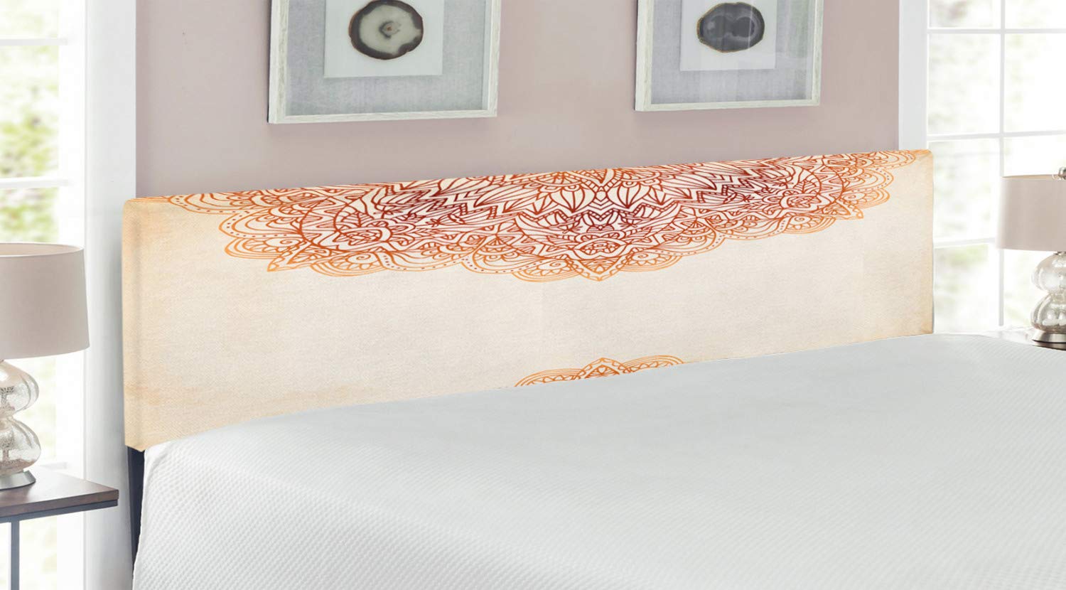 Ambesonne Victorian Upholstered Headboard - King Size Vintage Ornate Mandala Artwork with Memory Foam, Beige & Burnt Orange | Decorative Metal Bed Frame for Master Bedroom, Guest Room & Luxury Home Decor