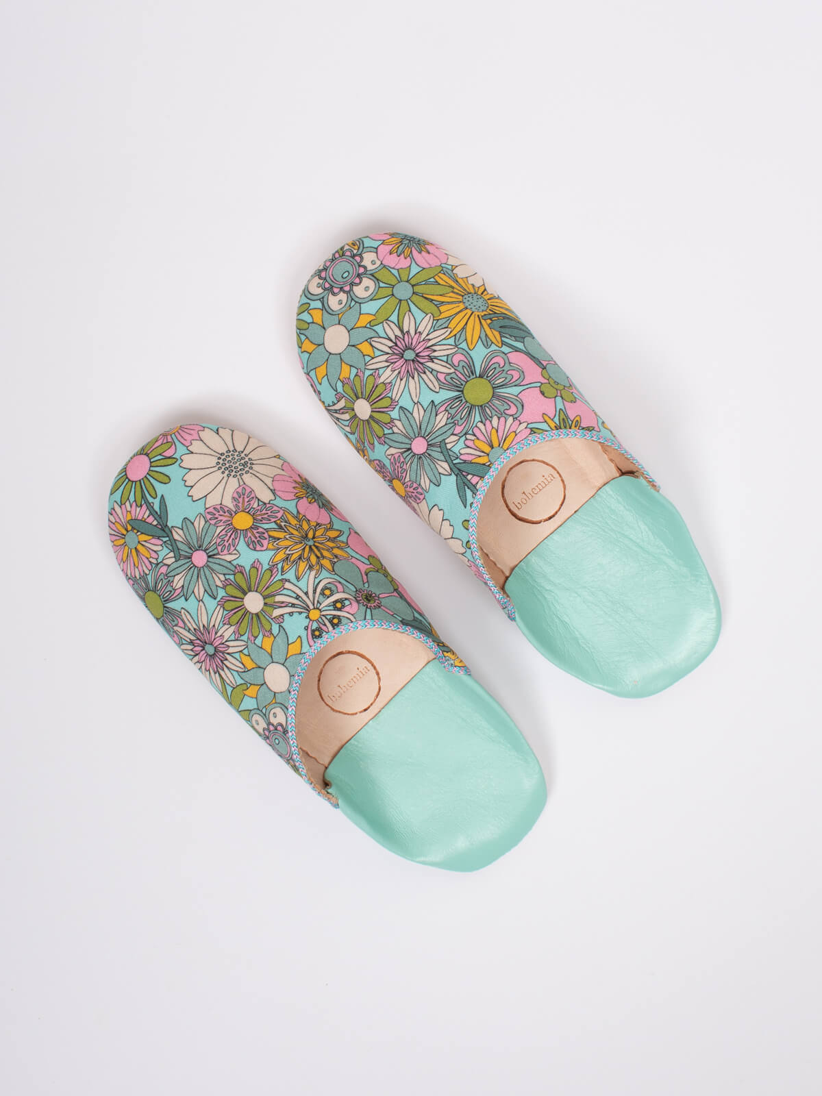 Margot Floral Babouche Slippers for Women - Soft Duck Egg Blue Moroccan Style House Shoes | Perfect for Home, Lounge & Indoor Comfort