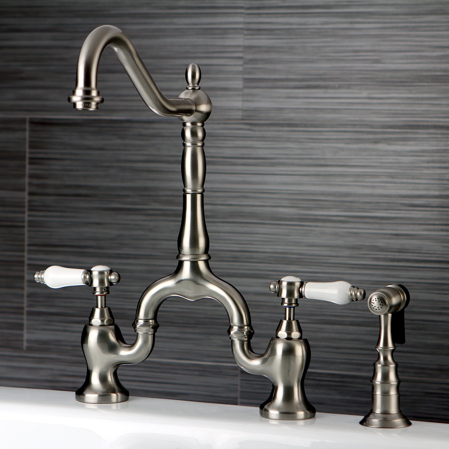 Bel Air KS7758BPLBS Brushed Nickel 2-Handle 3-Hole Deck Mount Bridge Kitchen Faucet with Brass Side Sprayer - Perfect for Modern Farmhouse & Industrial Style Kitchens