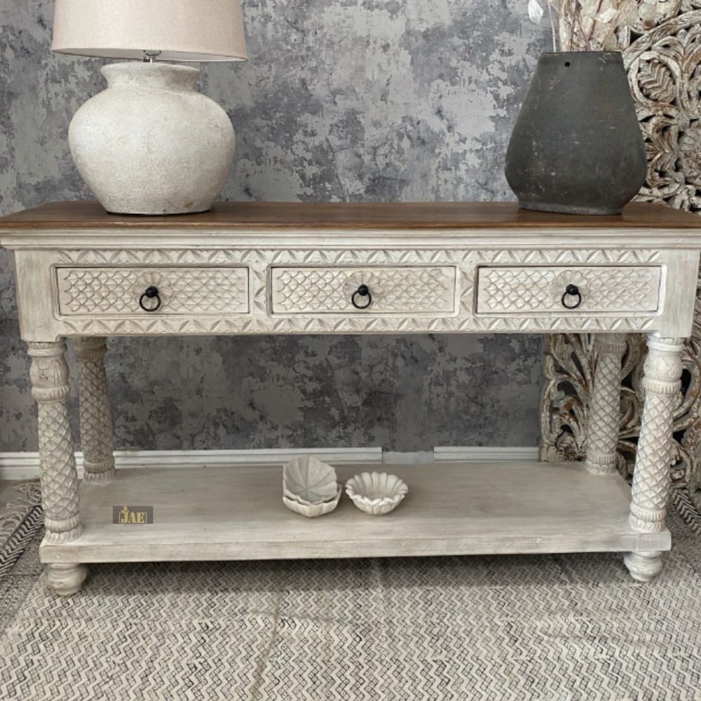 French Provincial Style White Wooden Pillar Console Table - Elegant Entryway & Hallway Decor for Home & Office