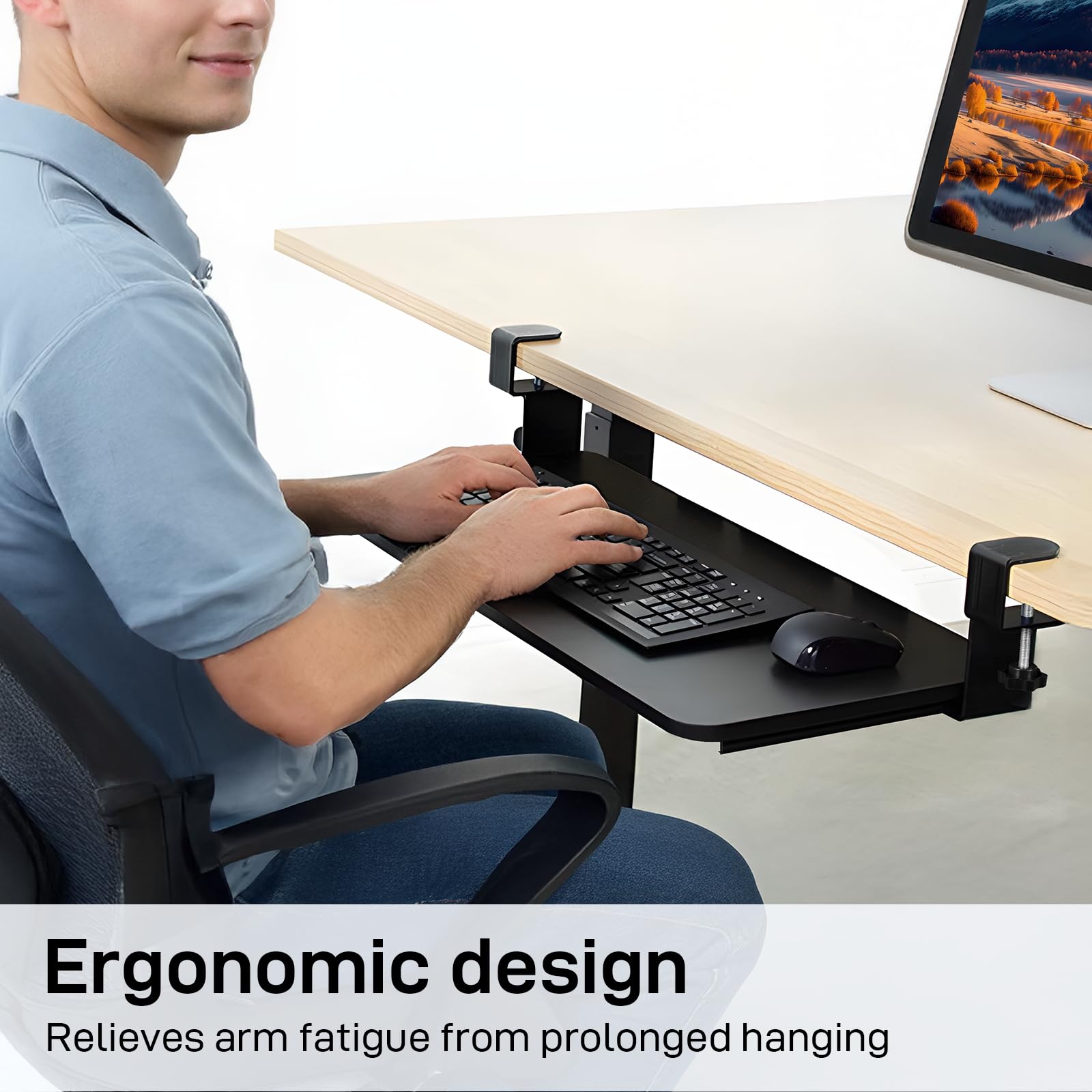 Under Desk Keyboard Tray Slide - Heavy Duty C Clamp Mount Pull Out Keyboard Stand for Computer (30x11 Inch) - Ergonomic Office Desk Accessory & Space Saving Desk Extender - Perfect for Home Office, Gaming Setup & Workspace Organization