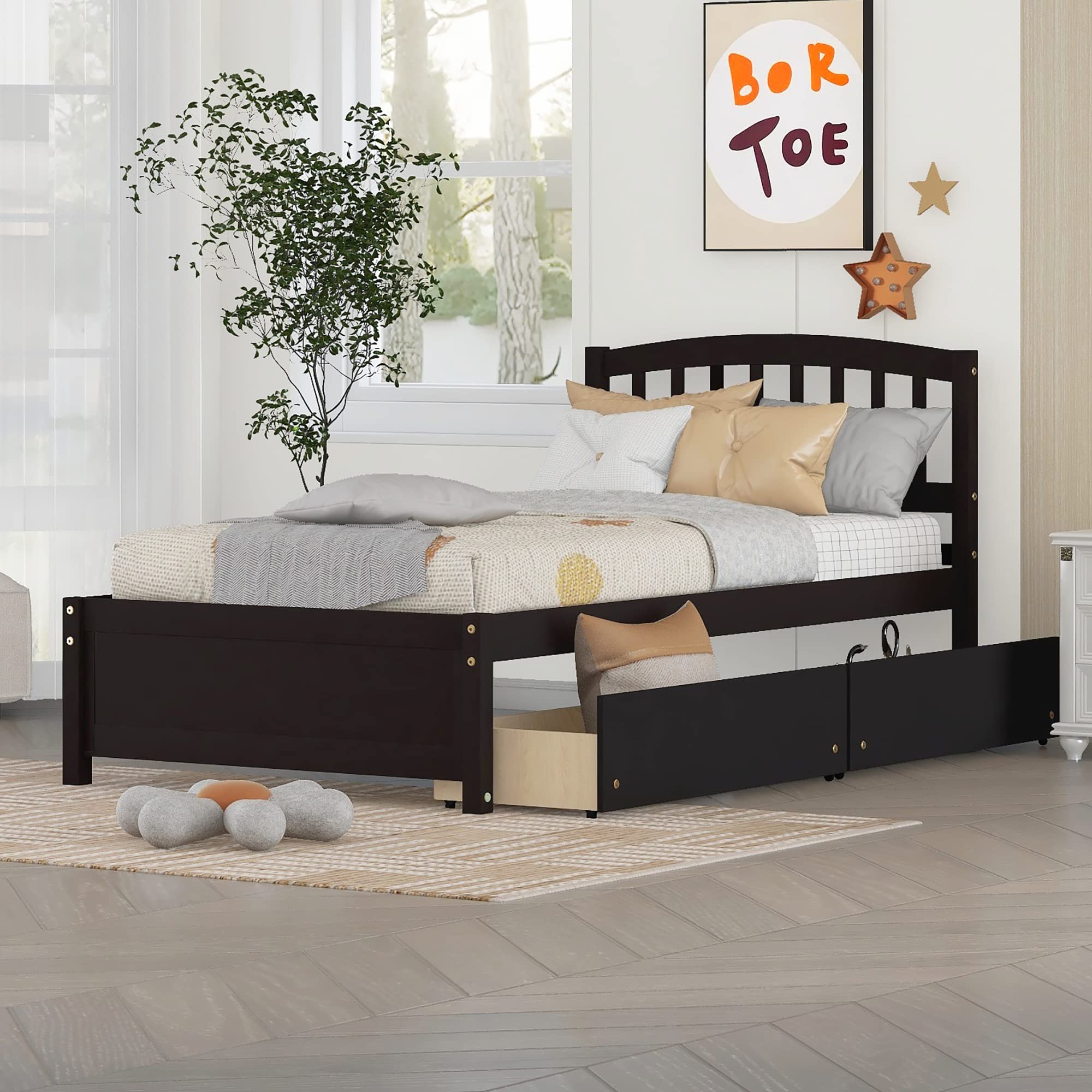 Twin Bed Frame with Storage Drawers - Solid Wood Platform Bed with Headboard & Footboard for Kids, Teens & Adults - Espresso Finish - Perfect for Small Bedrooms, Guest Rooms & Dormitories
