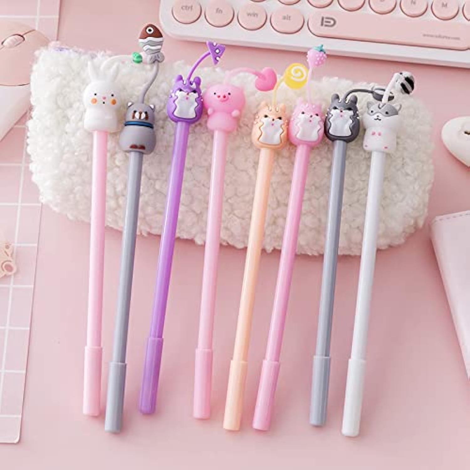 Chinshwehaw 8-Pack Cartoon Animal Gel Pens - 0.38mm Fine Point Ballpoint Ink Pens for School, Office & Gifts (Cat, Rabbit, Pig Designs) | Fun Writing Supplies for Kids, Students & Creative Note Taking