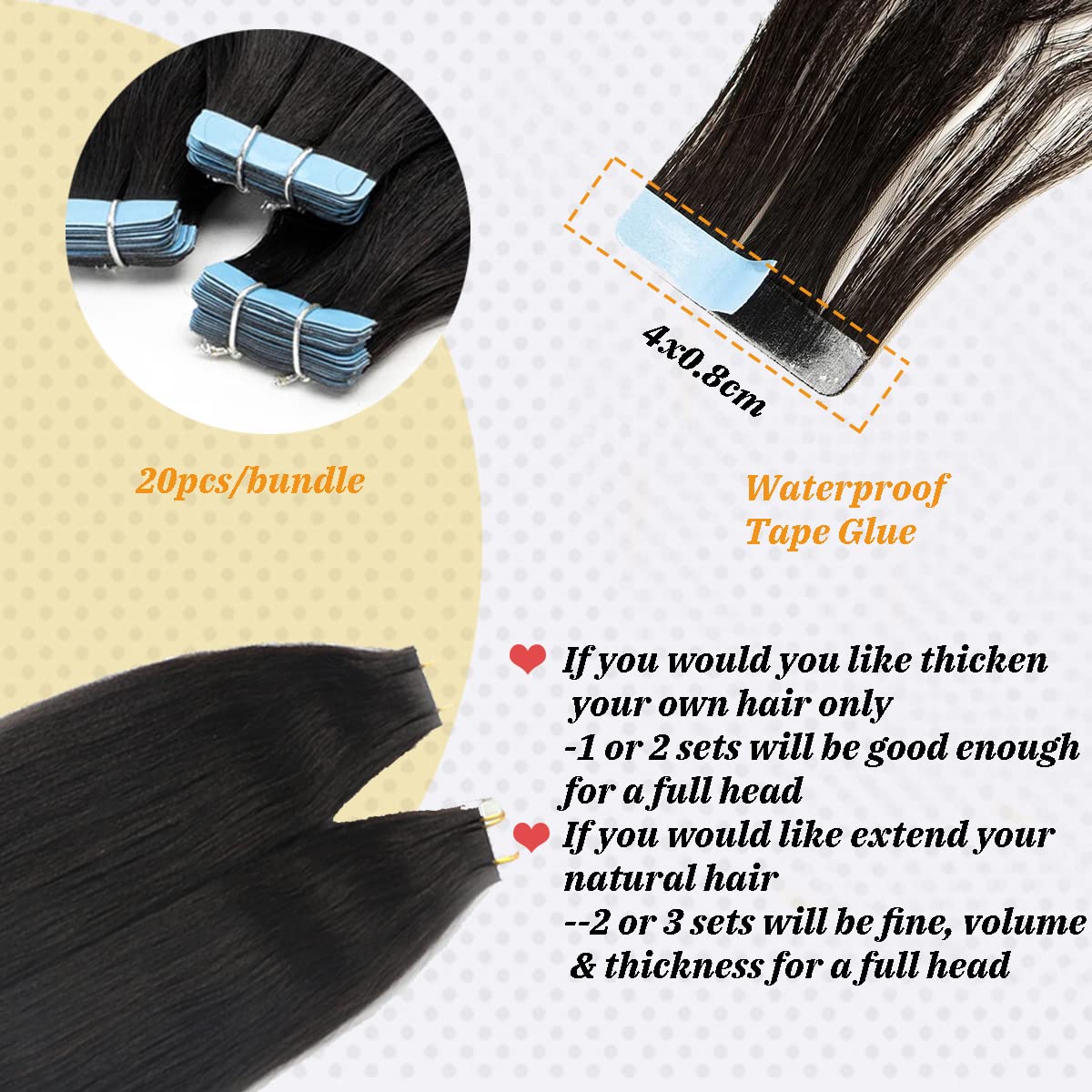 20 Inch Yaki Tape in Hair Extensions - 50g 20pcs Human Remy Hair for Black Women | Seamless Skin Weft, Yaki Straight, Natural Black Color | Perfect for Daily Wear, Styling, and Special Occasions