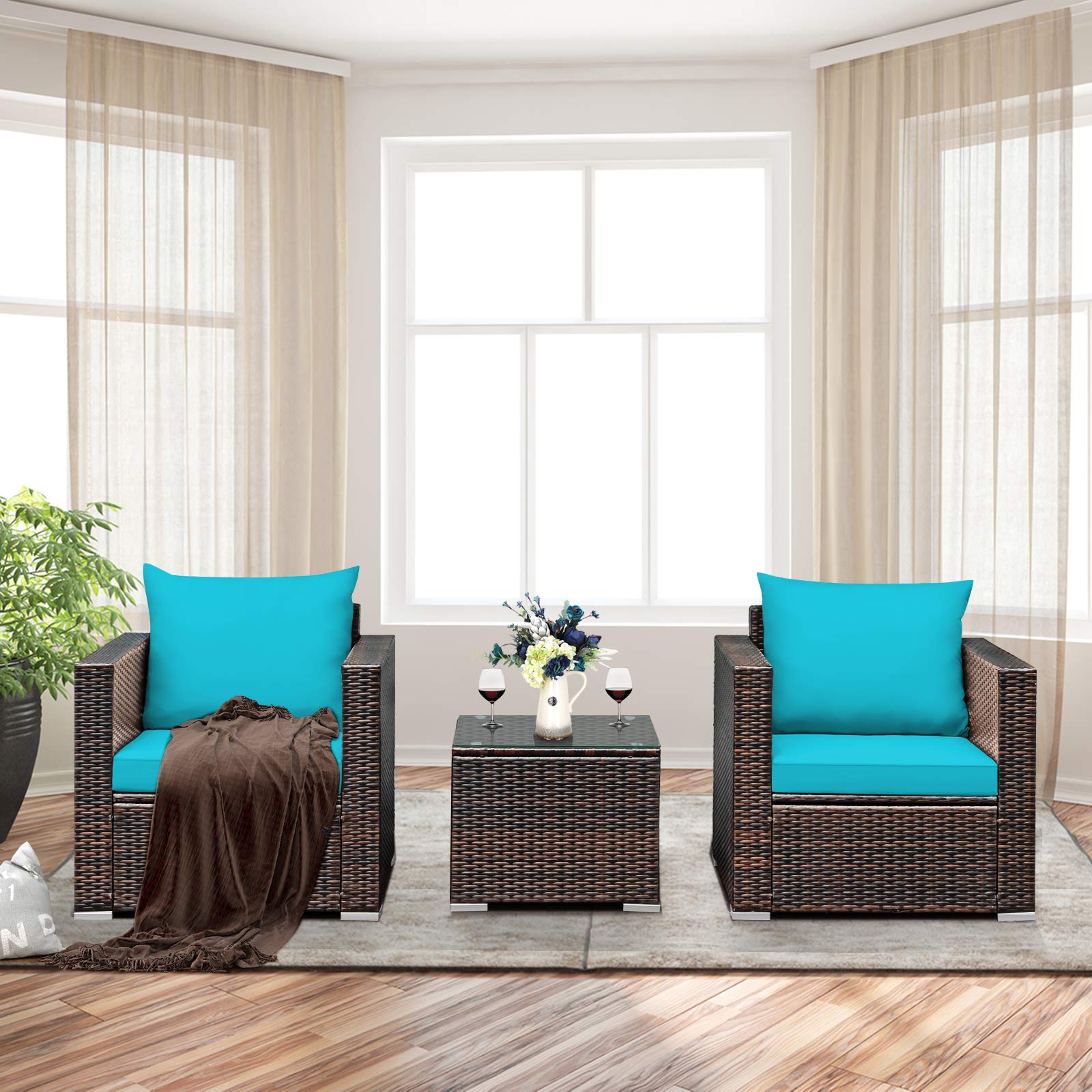 Tangkula 3-Piece Outdoor Patio Furniture Set with Washable Cushions & Tempered Glass Table - PE Wicker Rattan Sofa Set for Garden, Poolside, Balcony - Perfect for Backyard Relaxation & Outdoor Entertaining