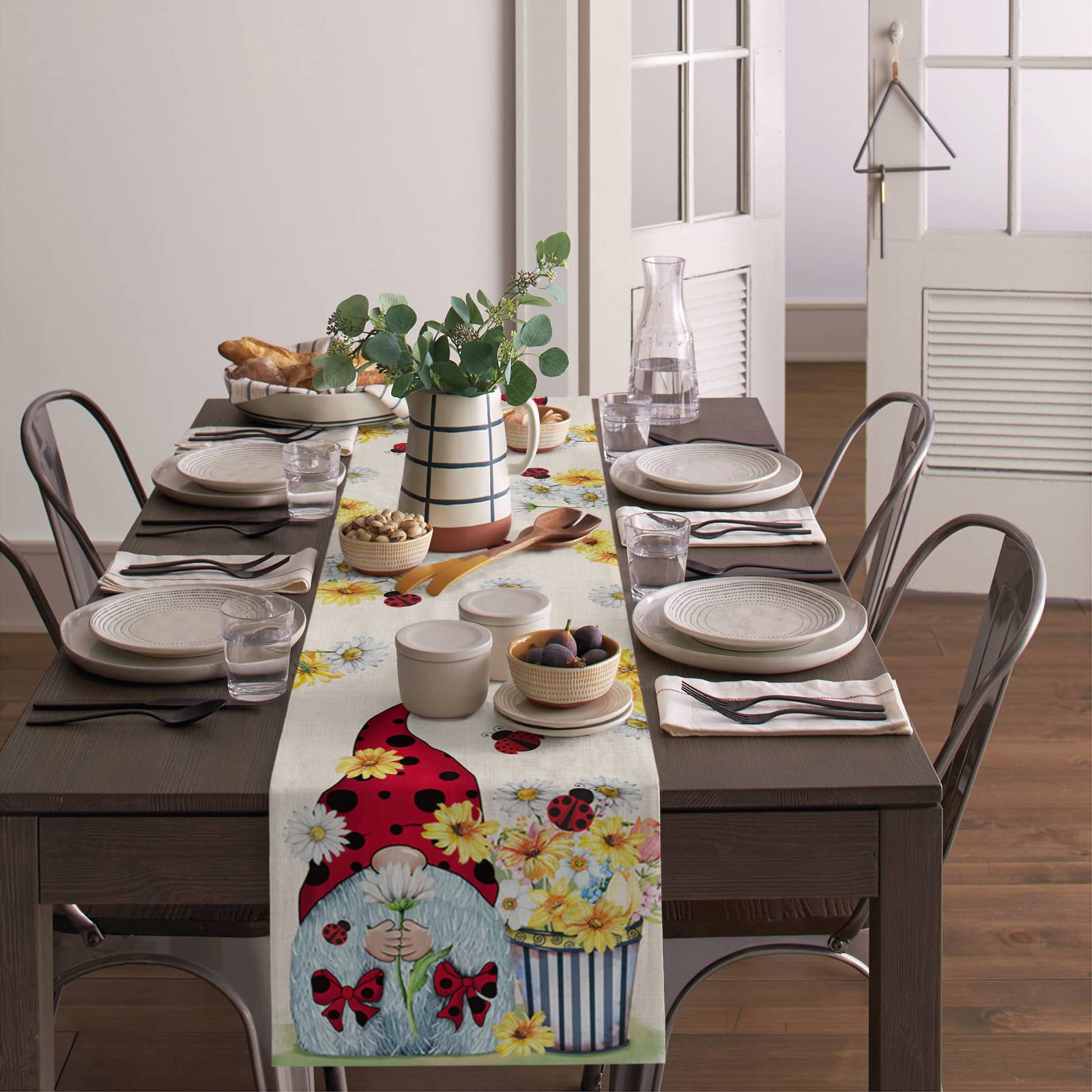 70 Inch Burlap Linen Table Runner - Summer Ladybug Gnomes Design for Farmhouse Kitchen, Dining Table, Dresser & Coffee Table Decor | Perfect for Spring Weddings, Banquets & Home Parties