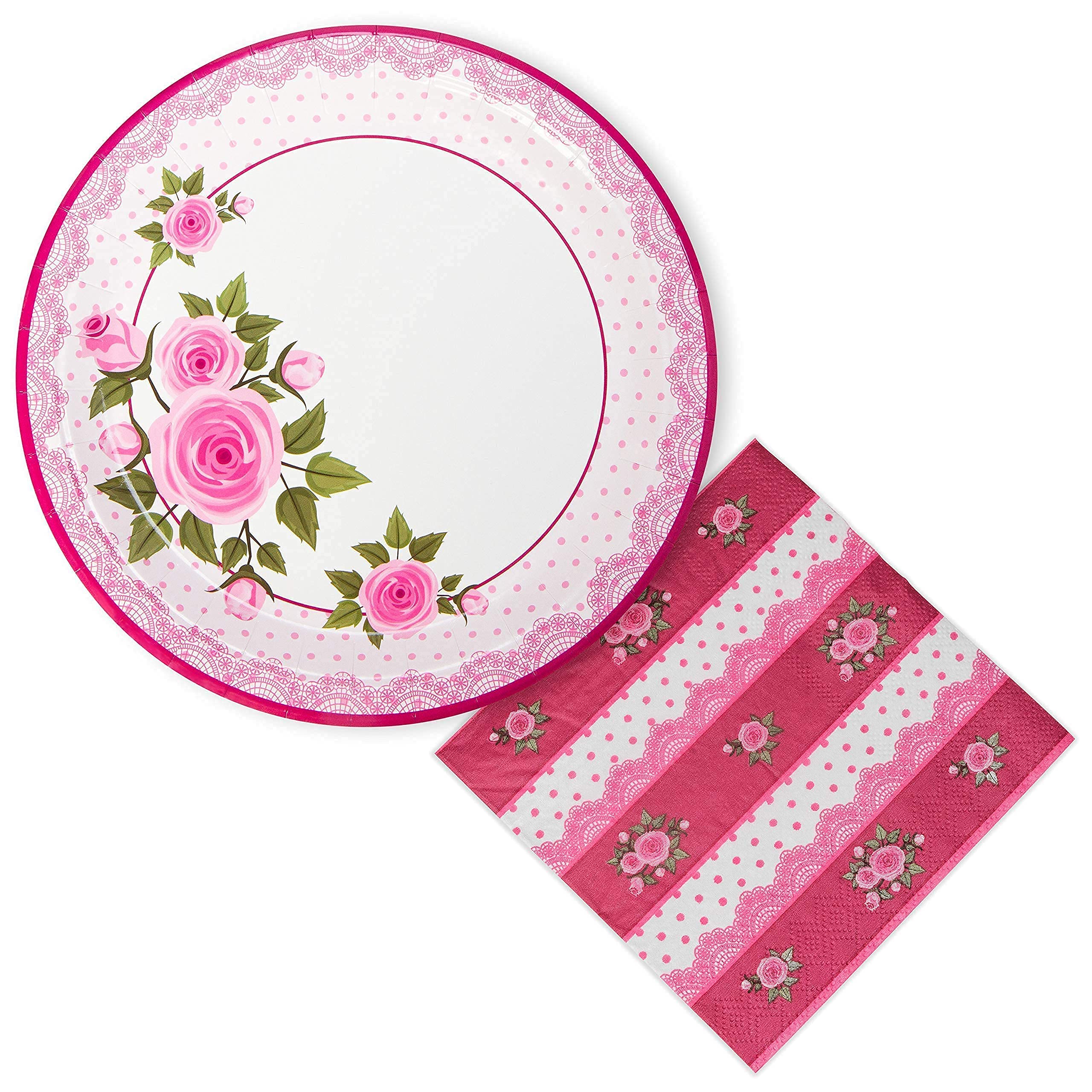 9 Inch Floral Paper Plates and 100 Matching Napkins Set - Elegant Party Tableware for Weddings, Baby Showers & Birthday Celebrations