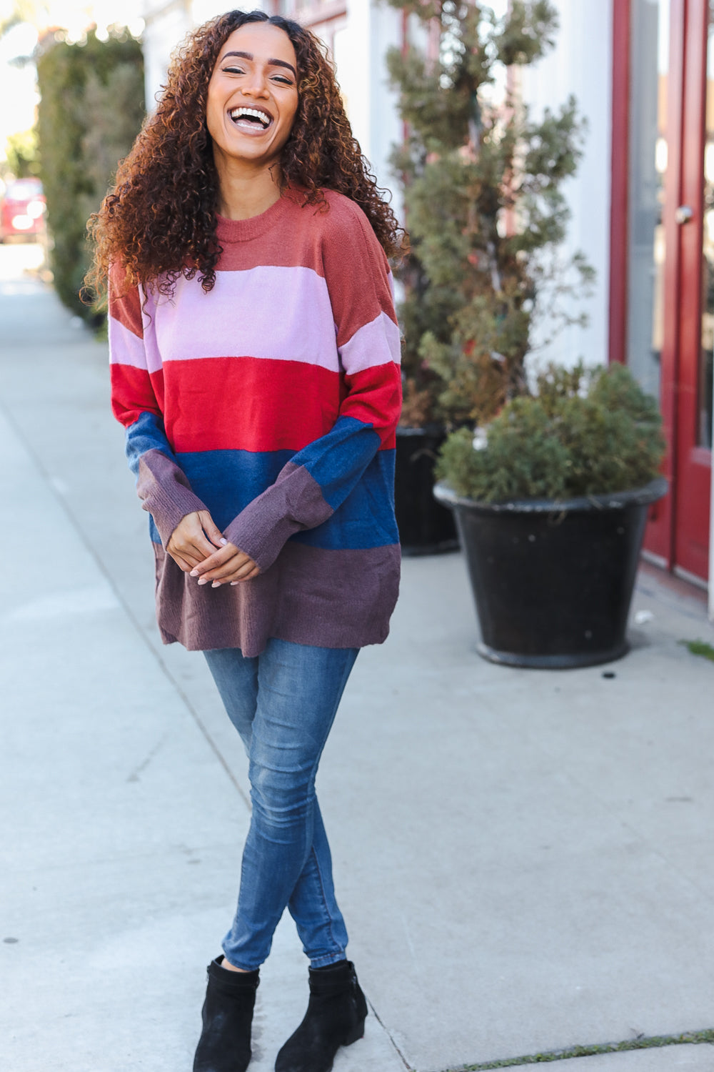 Lilac Multi Stripe Ribbed Knit Sweater Pullover for Women - Soft & Cozy Winter Fashion - Perfect for Casual Outfits, Office Wear & Date Nights