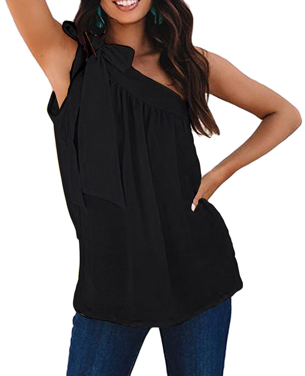 CHARTOU Women's One Shoulder Sleeveless Tie Knot Blouse - Sexy Summer Tops for Beach, Party & Date Night Outfits