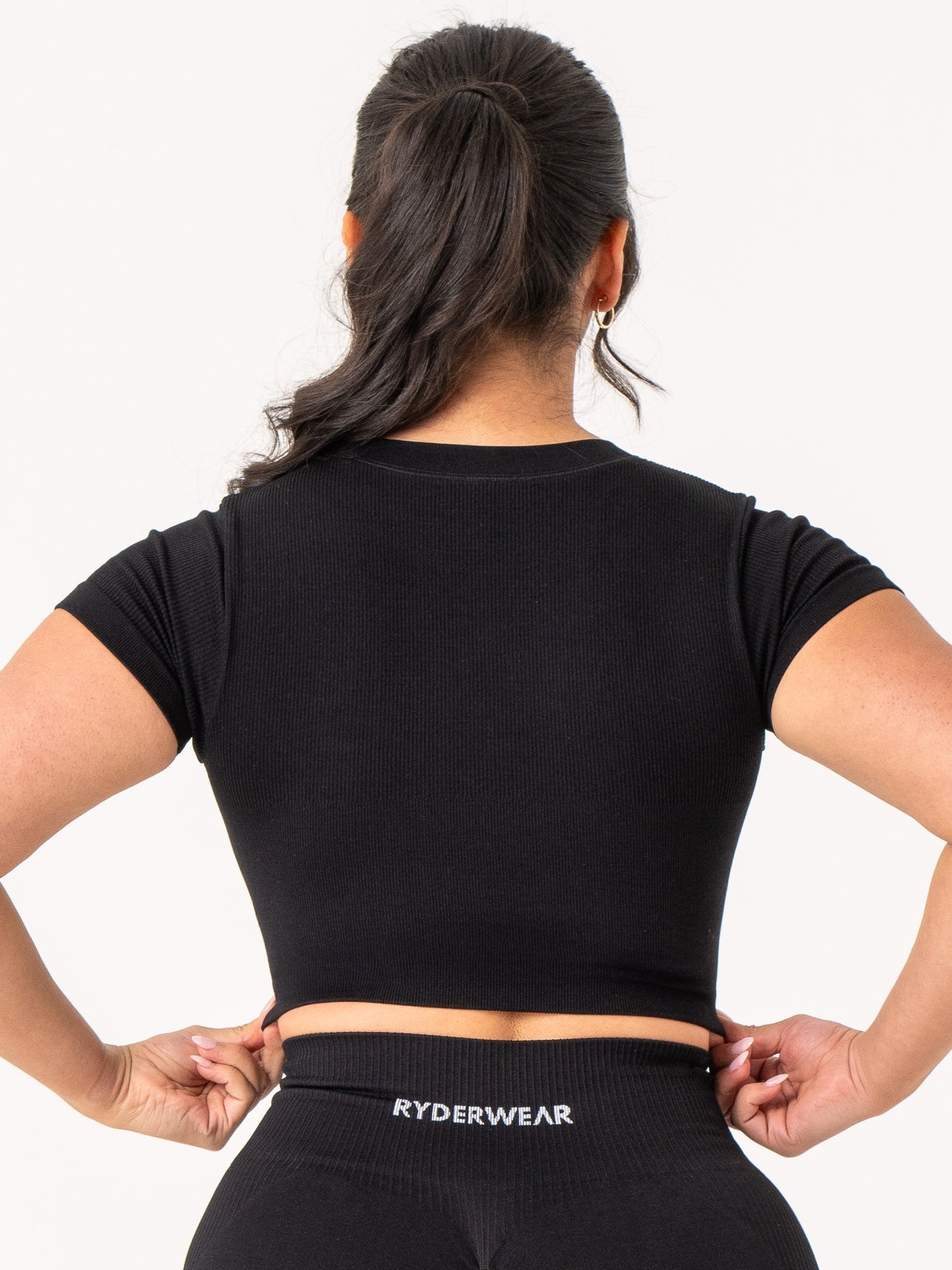 Rib Seamless T-Shirt for Women - Soft Stretch Comfort Fit Crew Neck Black Top | Perfect for Yoga, Gym, Lounge & Everyday Wear