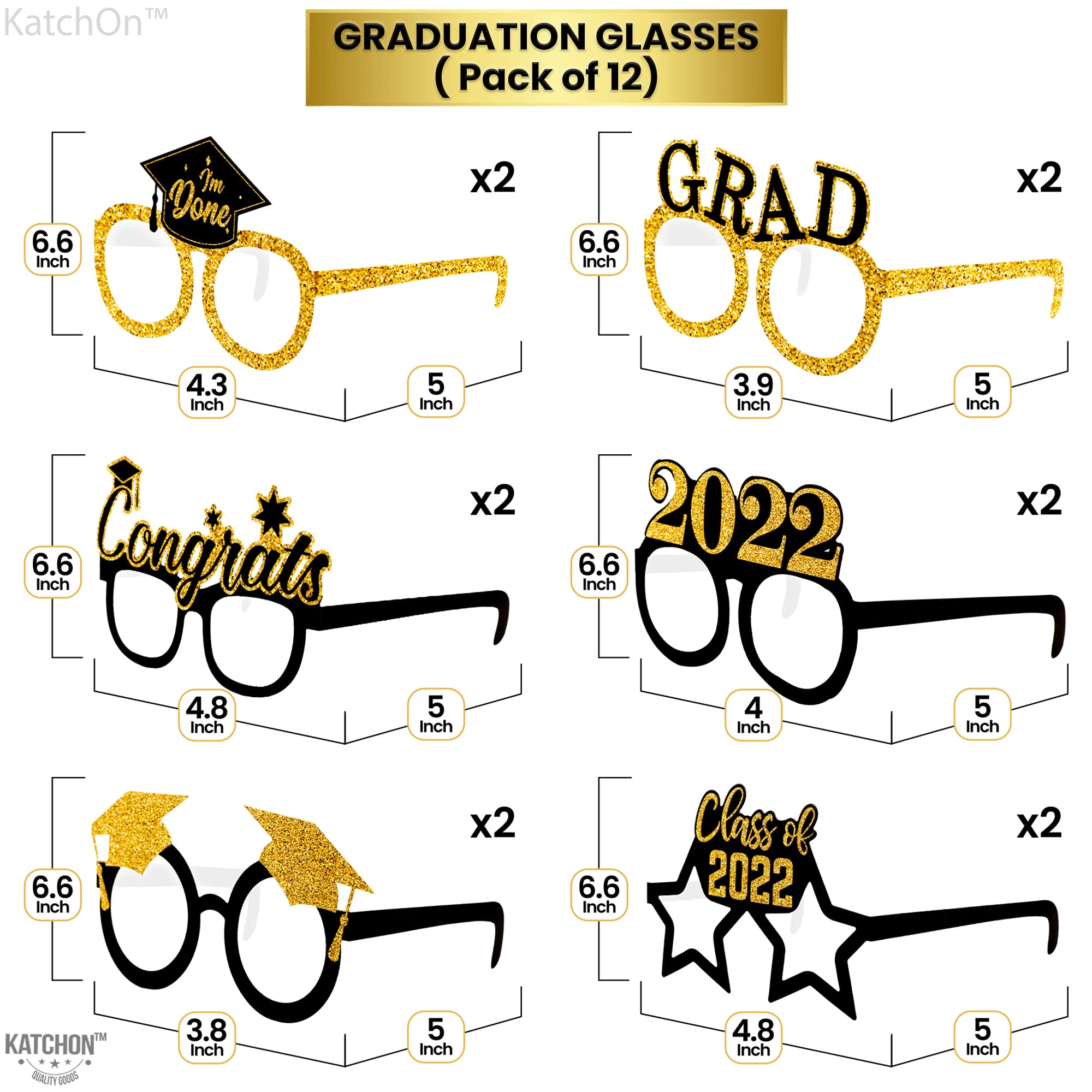2024 Graduation Party Glasses - Pack of 12 | Black & Gold Grad Party Decorations | Photo Booth Props & Party Favors | Perfect for Graduation Celebrations, Photo Shoots & School Events