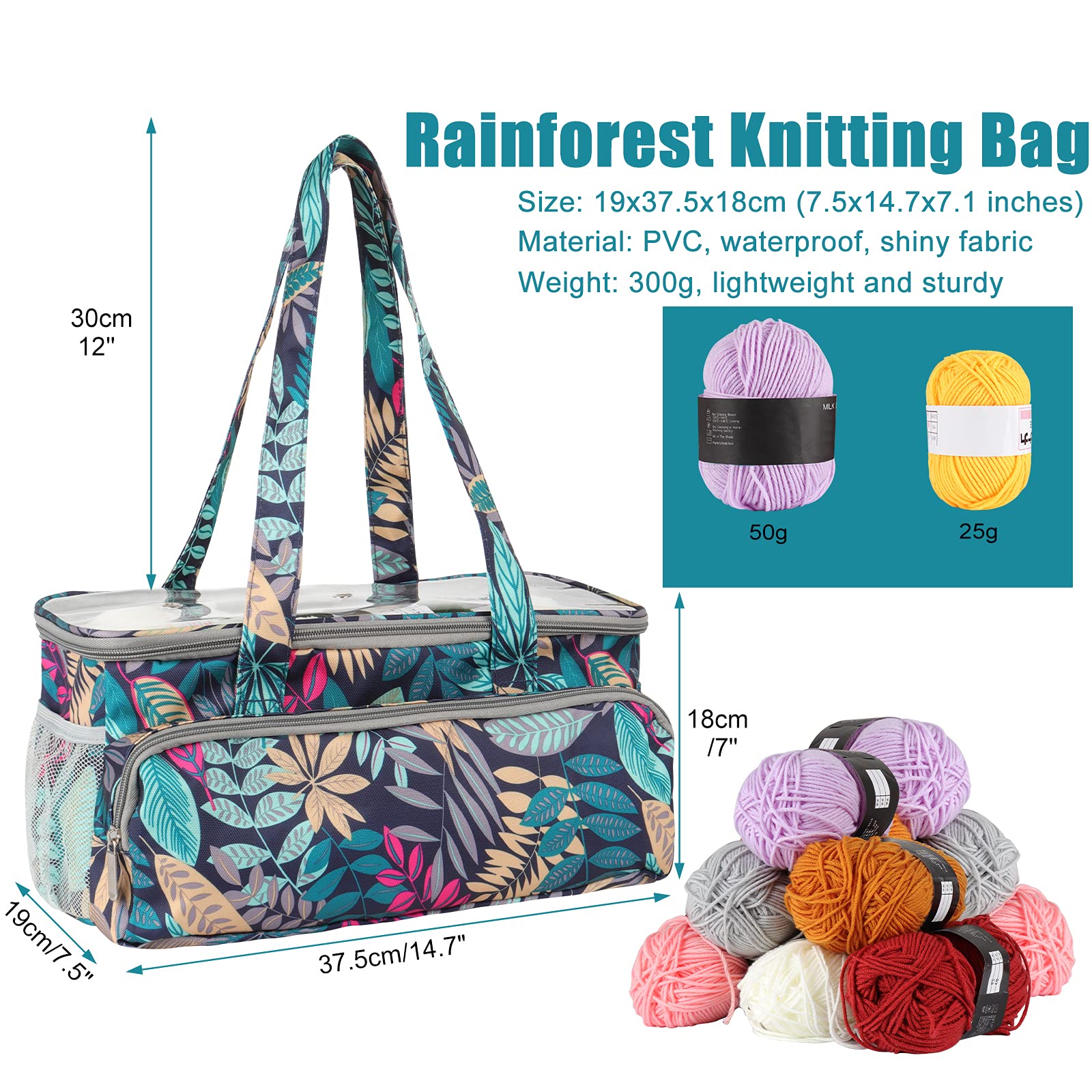 Coopay Knitting Bag - Large Travel Knitting Organizer & Crochet Project Tote with Multiple Pockets for Yarn Storage, Embroidery Supplies & Wool Holder - Perfect for Crafting On-The-Go, Commuting & Vacation Projects (Rainforest Pattern)