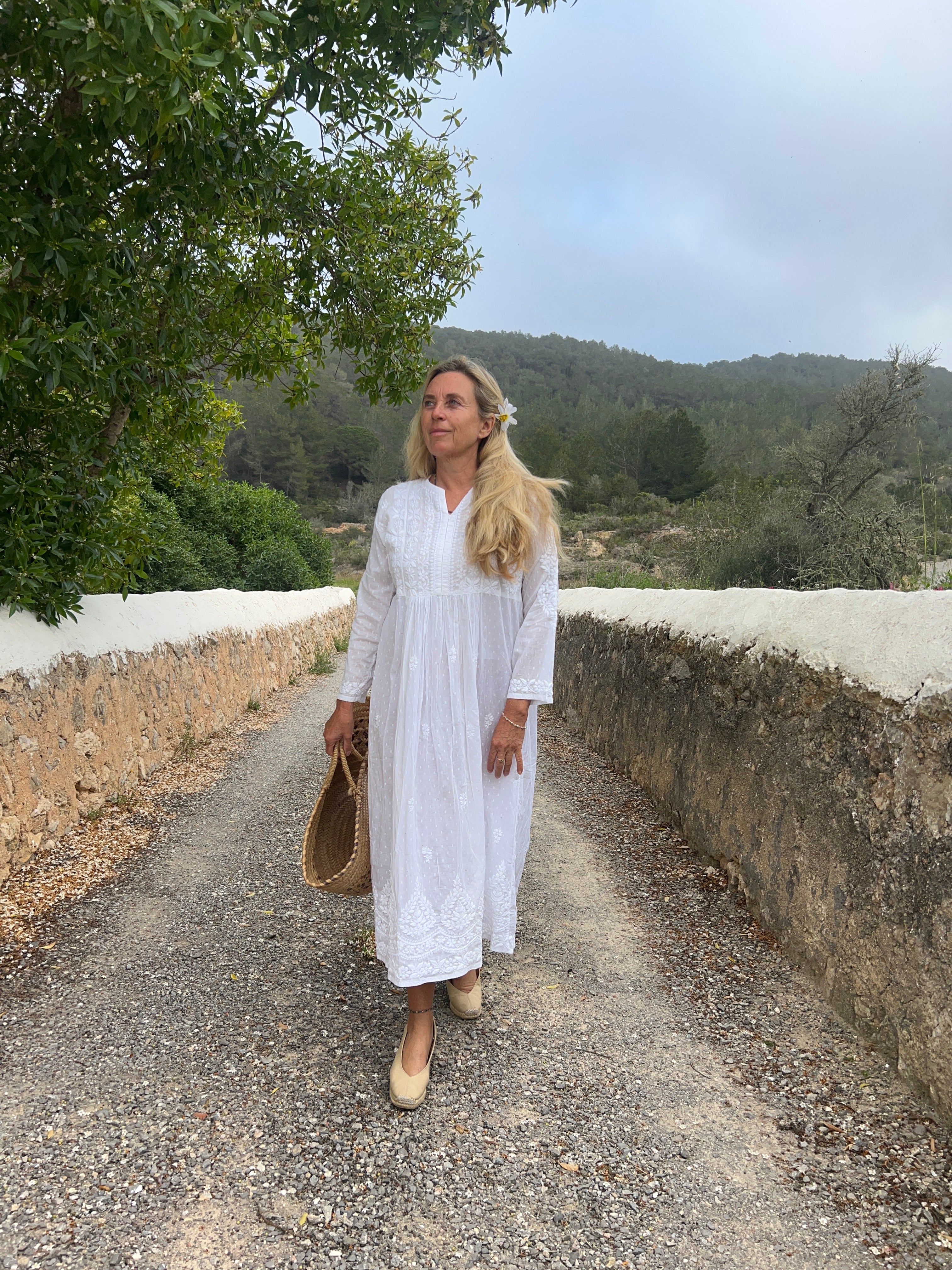 Anarkali Spot Long Boho Ibiza Tunic Dress - White Cotton Maxi Dress with Hand Embroidery | Perfect for Beach, Festival, and Boho Chic Outfits