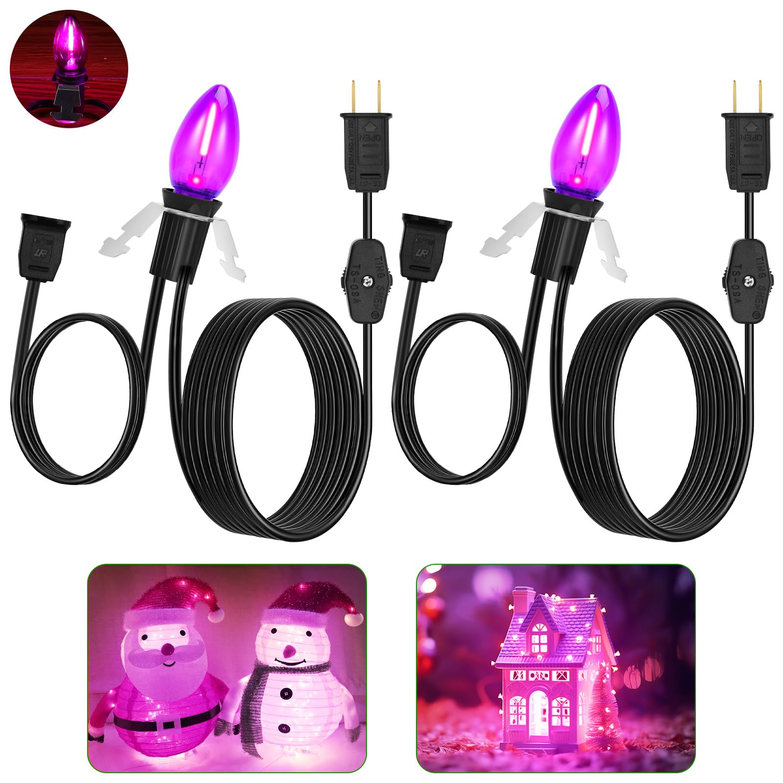 7.4ft Christmas Village LED Light Cord with C7 Bulb & Switch - 2 Pack Purple Blow Mold Lights for Holiday Decorations, Indoor Christmas Tree, Winter Craft Projects & DIY Home Decoration
