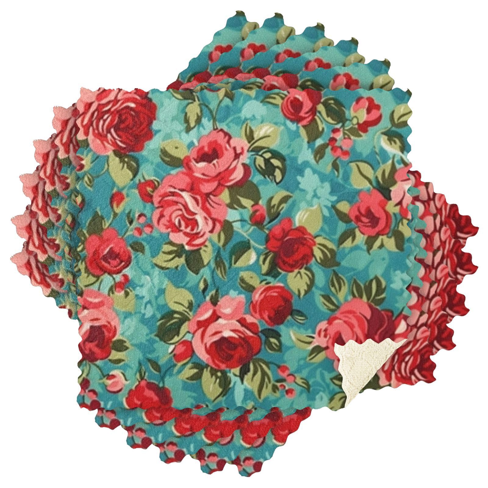 Kcldeci 6-Pack Red & Green Rose Microfiber Dish Cloths - Super Absorbent Reusable Kitchen Towels for Washing Dishes, Cleaning & Draining | Perfect for Daily Kitchen Use, Dish Drying & Countertop Cleaning