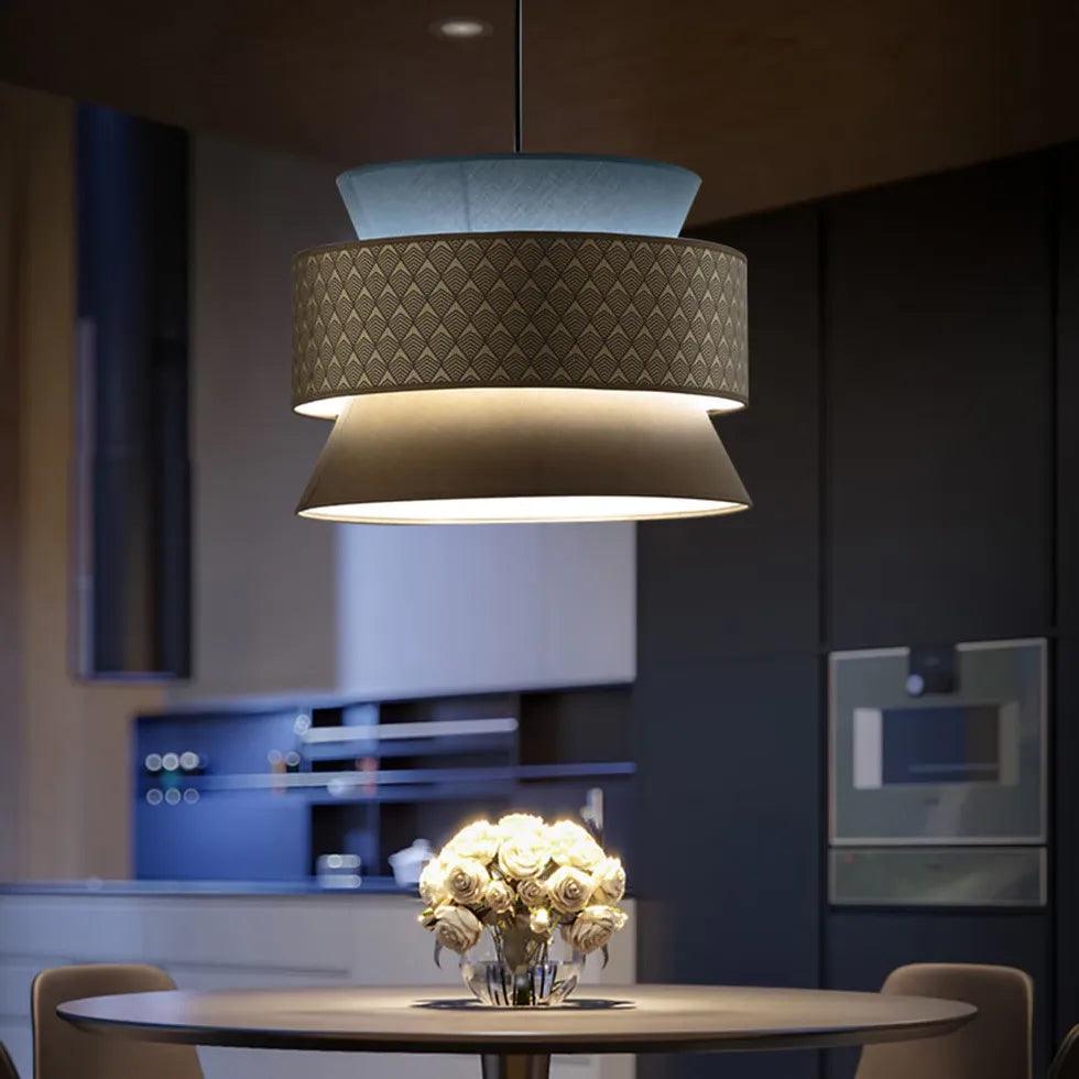 Two Layer Rattan Cylindrical Pendant Light - Natural Woven Bamboo Chandelier for Dining Room, Kitchen Island & Bedroom Lighting