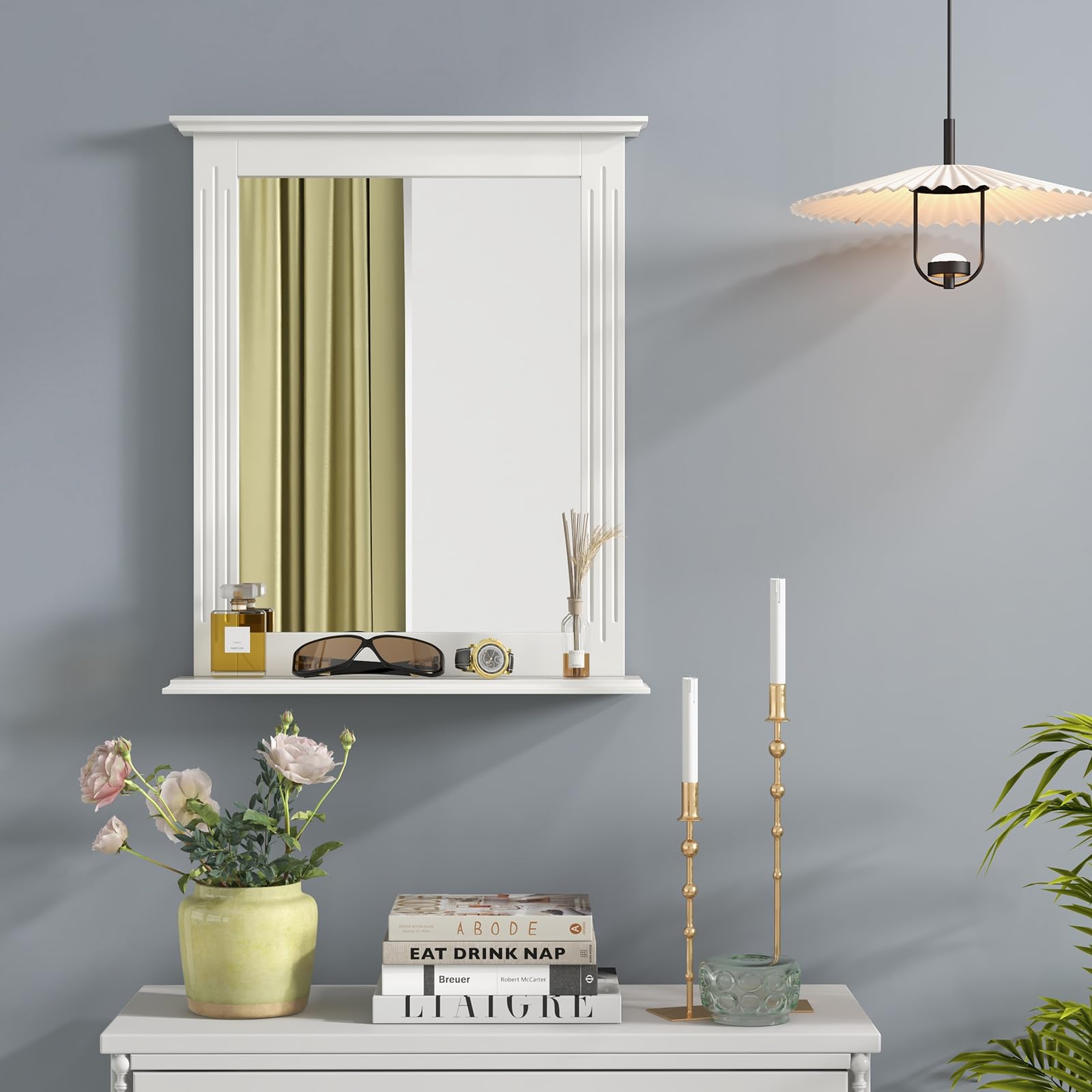 Tangkula Rectangle Bathroom Wall Mirror with Shelf - Over Sink Vanity Mirror for Dressing Room, Washroom & Bedroom - Modern Wall Mounted Mirror (White) - Perfect for Makeup, Shaving & Home Decor