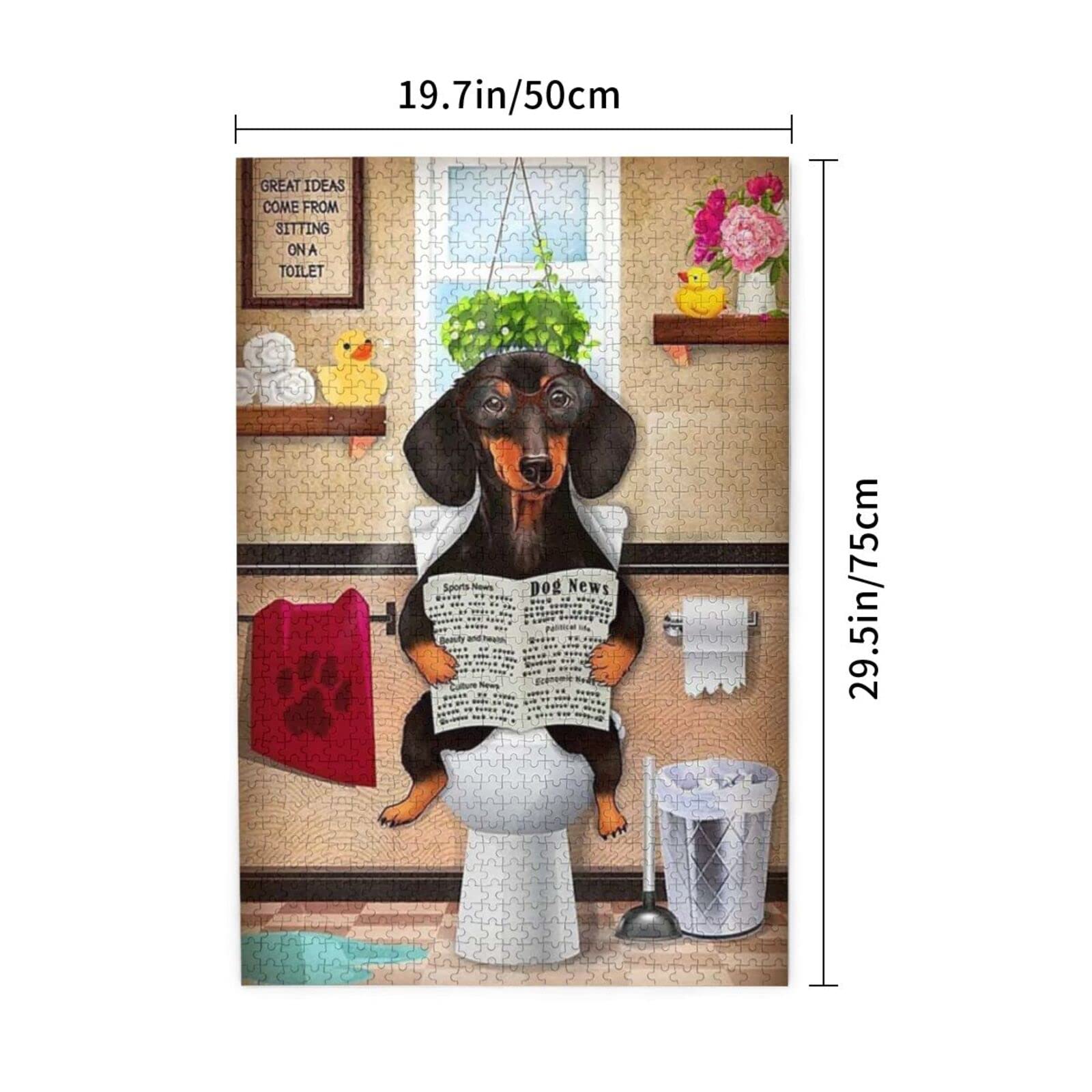 QISPIOD 1000-Piece Wooden Jigsaw Puzzle - Dachshund Dog Sitting on Toilet Reading Newspaper, Fun Animal Puzzle for Adults & Teens (29.5x19.6 inches) | Home Decor, Gift Idea, Family Game Night, Preschool Educational Toy