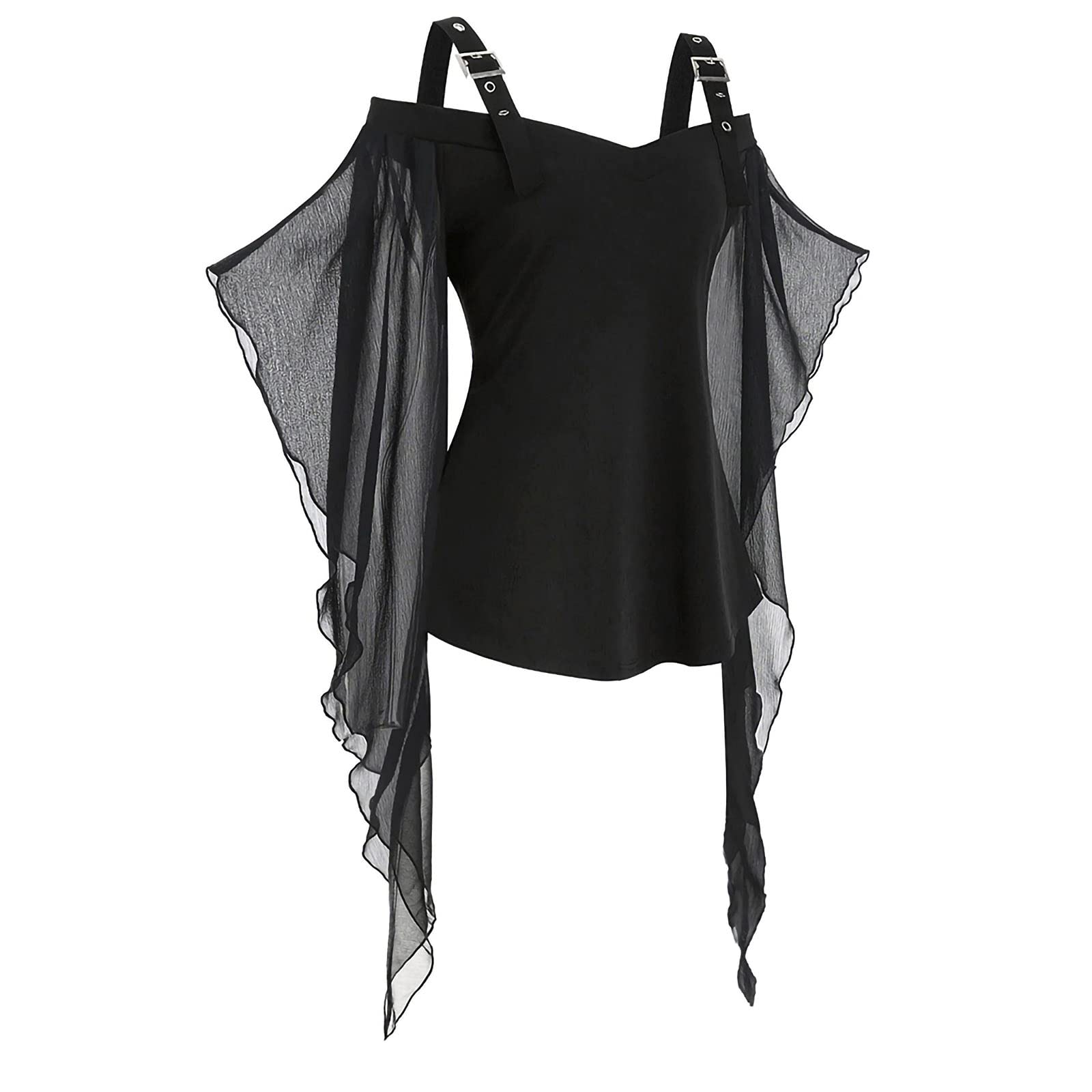 Gothic Women's Mesh Trumpet Sleeve Flowy Top - Black Sexy Medieval Punk Renaissance Blouse for Halloween, Cosplay & Gothic Fashion