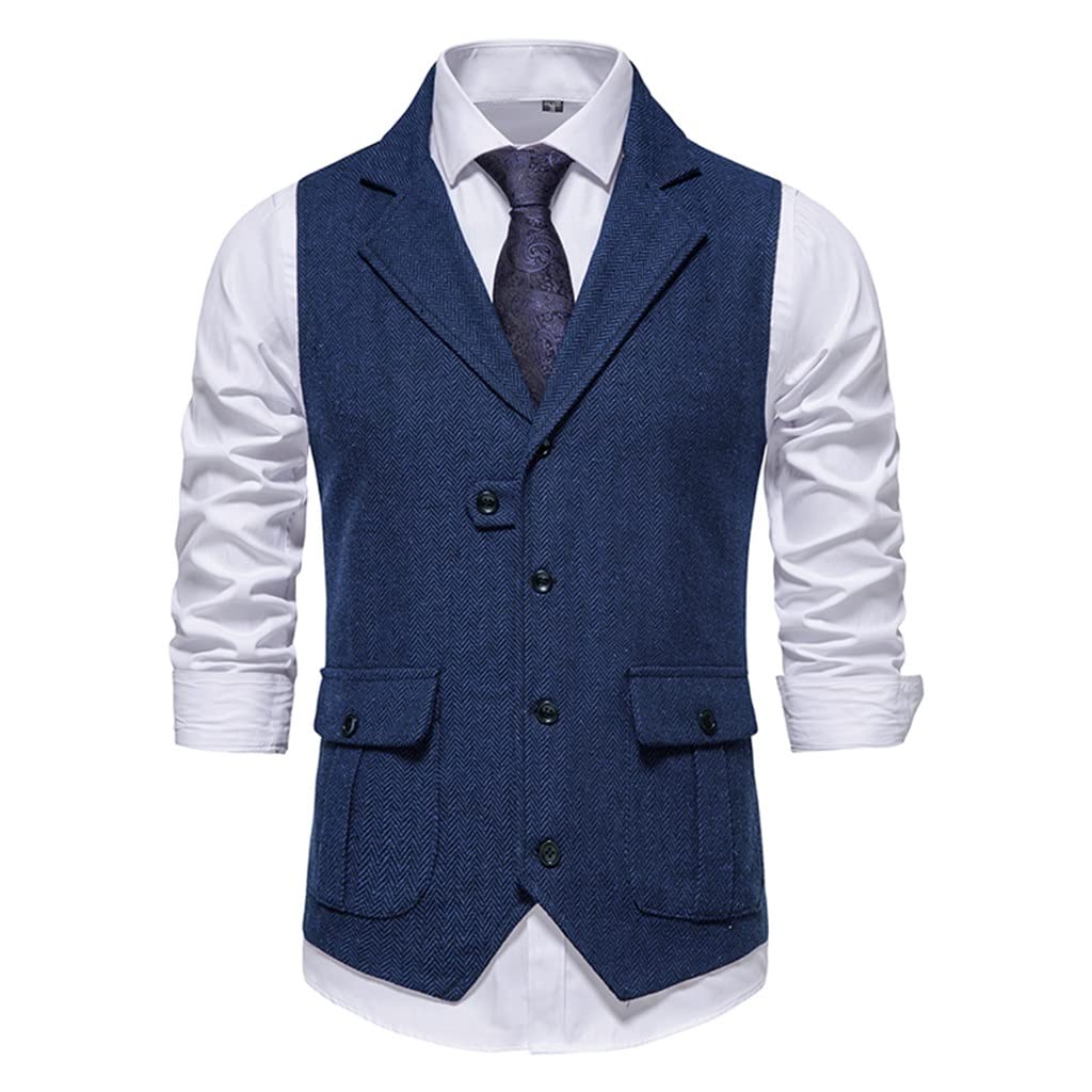 SLATIOM Men's Vintage Herringbone Tweed Vest - Formal Business Waistcoat for Gentlemen (Small, Color A) - Perfect for Weddings, Office Wear & Special Occasions