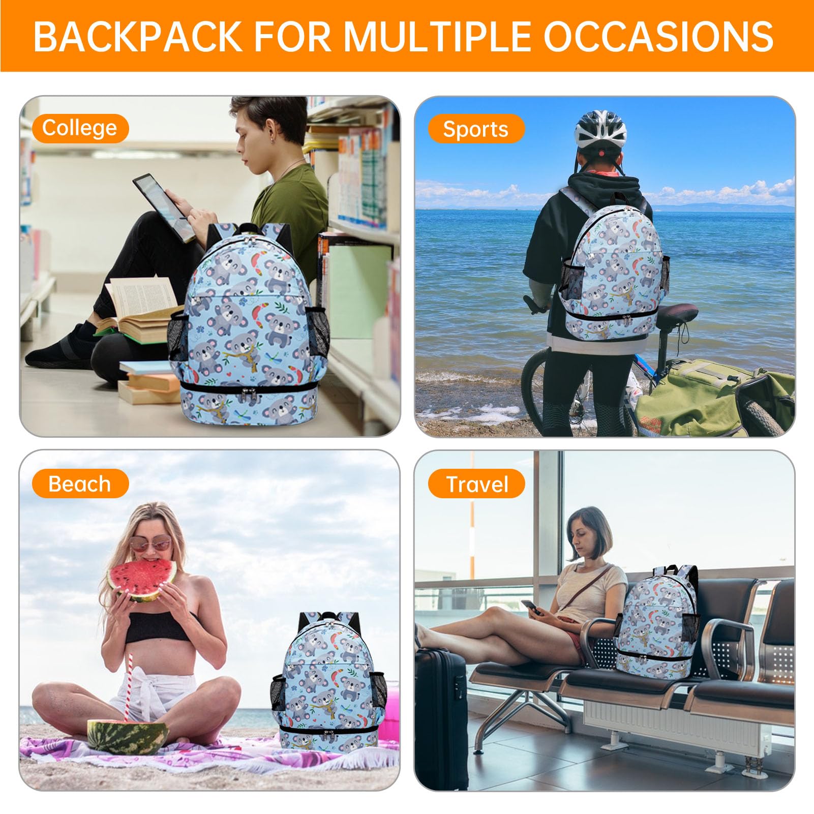 Waterproof Gym Backpack with Shoe Compartment for Women & Men - Lightweight Packable Sports Bag for Swimming, Beach, Yoga, Travel & Workout - Koala