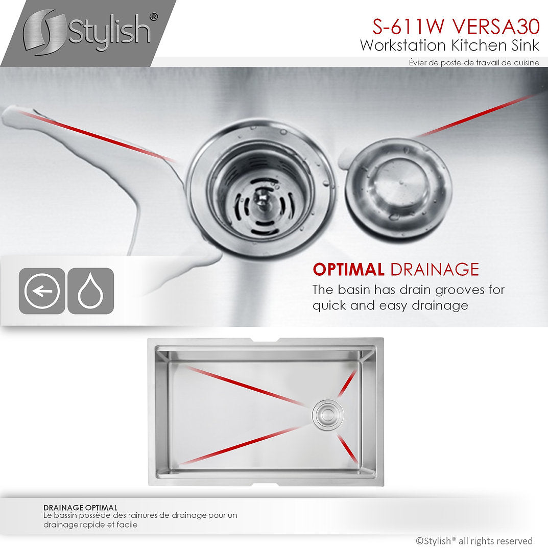 VERSA30 S 611W 30-Inch Undermount Stainless Steel Kitchen Sink - Single Bowl Workstation with Drainboard & Accessories - Perfect for Modern Kitchens, Restaurants & Food Prep Areas