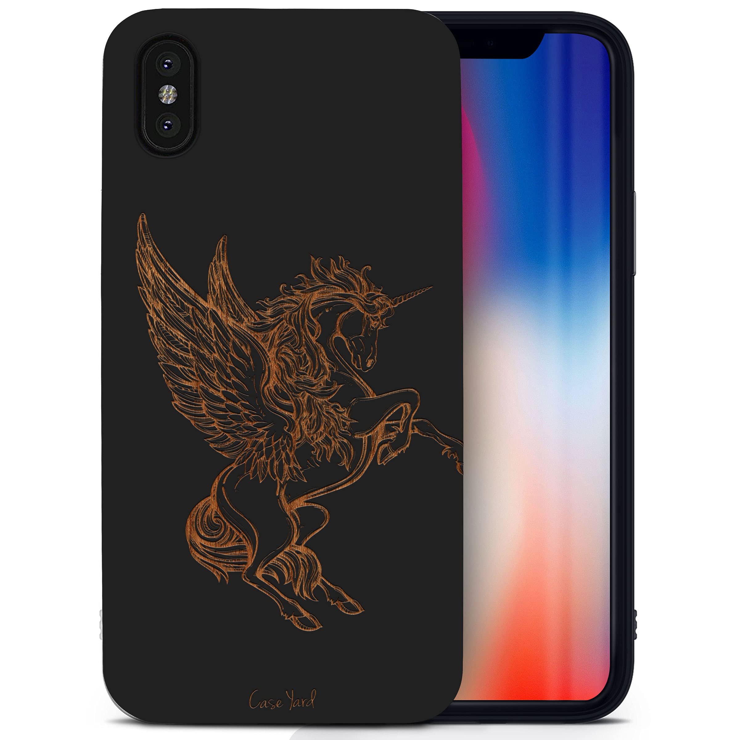 CaseYard Wooden Phone Case for iPhone Xs Max - Laser Engraved Pegasus Design, Black Wood, Slim Fit Protective Shockproof Cover for Men & Women | Perfect for Outdoor Adventures, Business Meetings & Daily Use