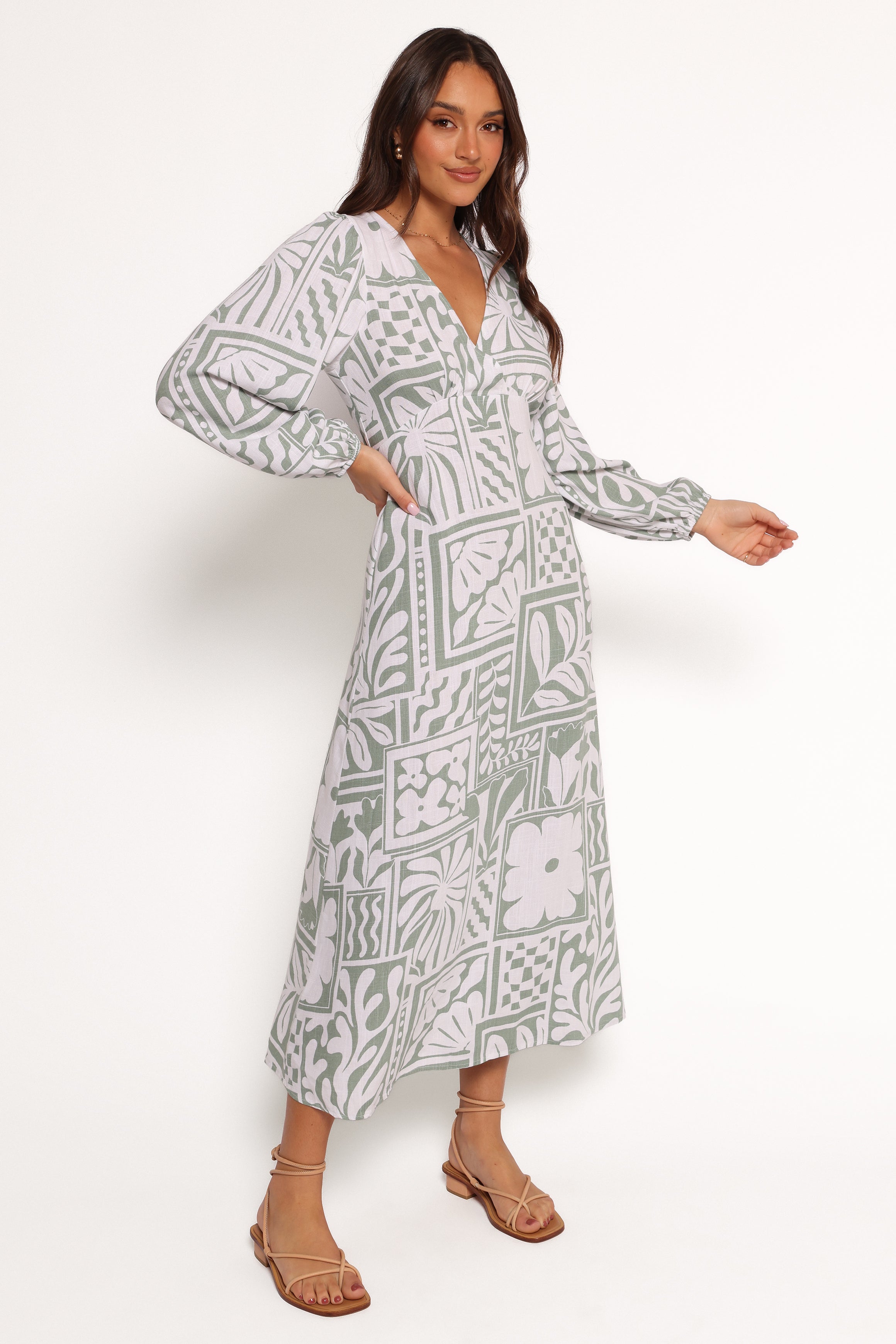 Kolby Long Sleeve Midi Dress - Flowy Sage Print Floral Dress for Women | Perfect for Office Wear, Date Night & Fall Wedding Guest Outfits