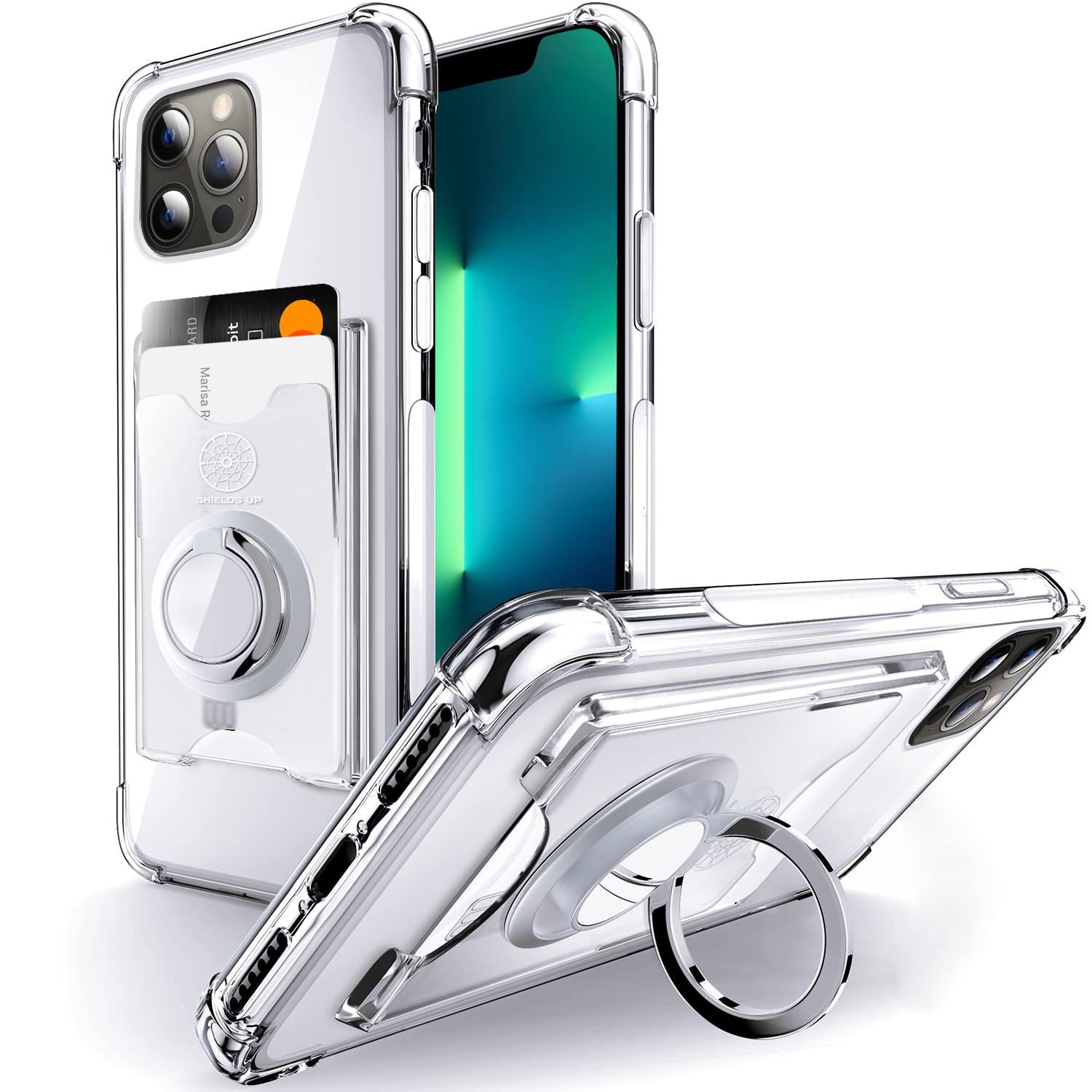 Shields Up iPhone 13 Pro Max Case (6.7 inch) - Slim Clear Protective Cover with Built-in Card Holder & Ring Kickstand | Drop Protection Minimalist Wallet Case for Apple iPhone 13 Pro Max | Perfect for Everyday Use, Travel, and Hands-Free Viewing