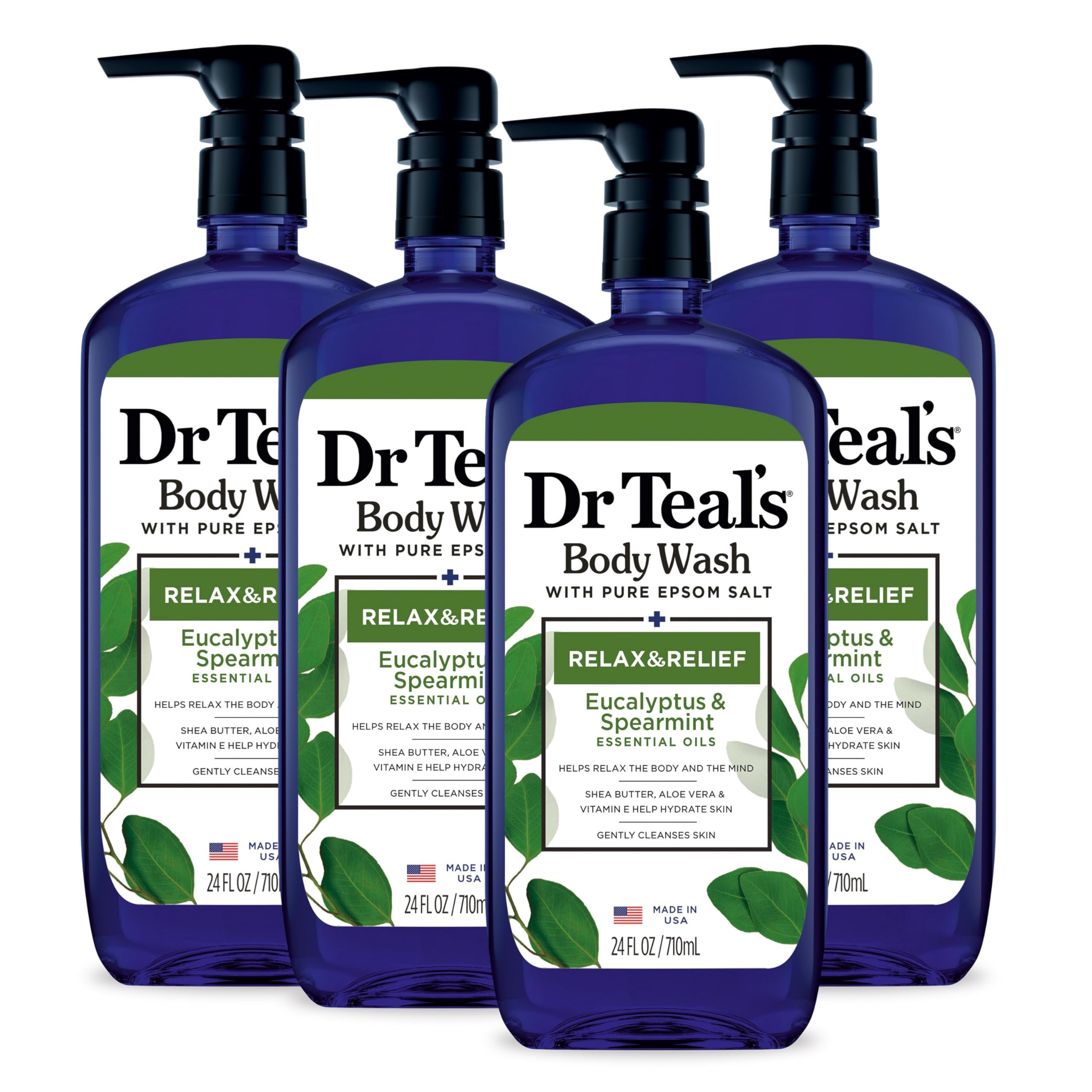 Dr Teal's Eucalyptus & Spearmint Body Wash with Pure Epsom Salt - 24 fl oz (Pack of 4) & Epsom Salt Soak - 3lbs - Relaxing Bath & Muscle Relief for Stress Relief, Sore Muscles & Better Sleep - Spa & Self Care Essentials