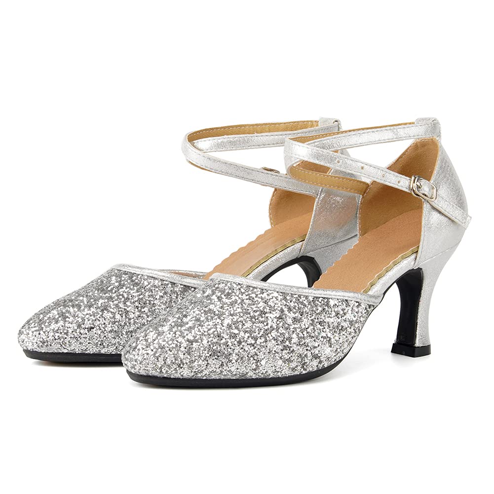 SWDZM Women's Glitter Latin Dance Shoes - Closed Toe Ballroom Salsa Heels for Party & Performance (Perfect for Weddings, Performances & Social Dancing)