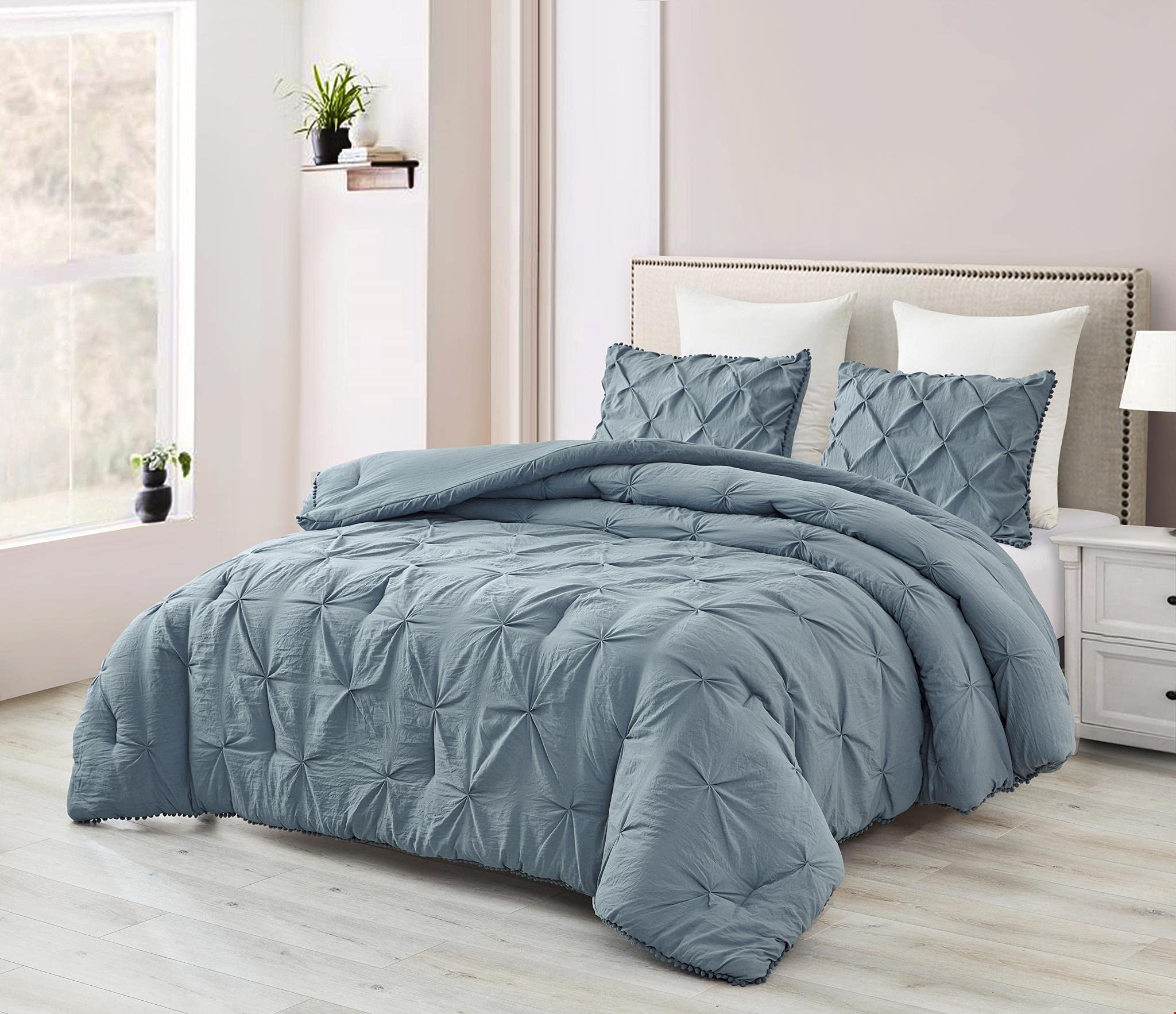 Chezmoi Collection Natalia 3-Piece Pom Pom Pinch Pleat Down Alternative Comforter Set - Soft Washed Microfiber Ball Fringe Bedding Set, Queen Size, Dusty Blue | Luxury Bedroom Decor for Cozy Nights & Guest Room Styling