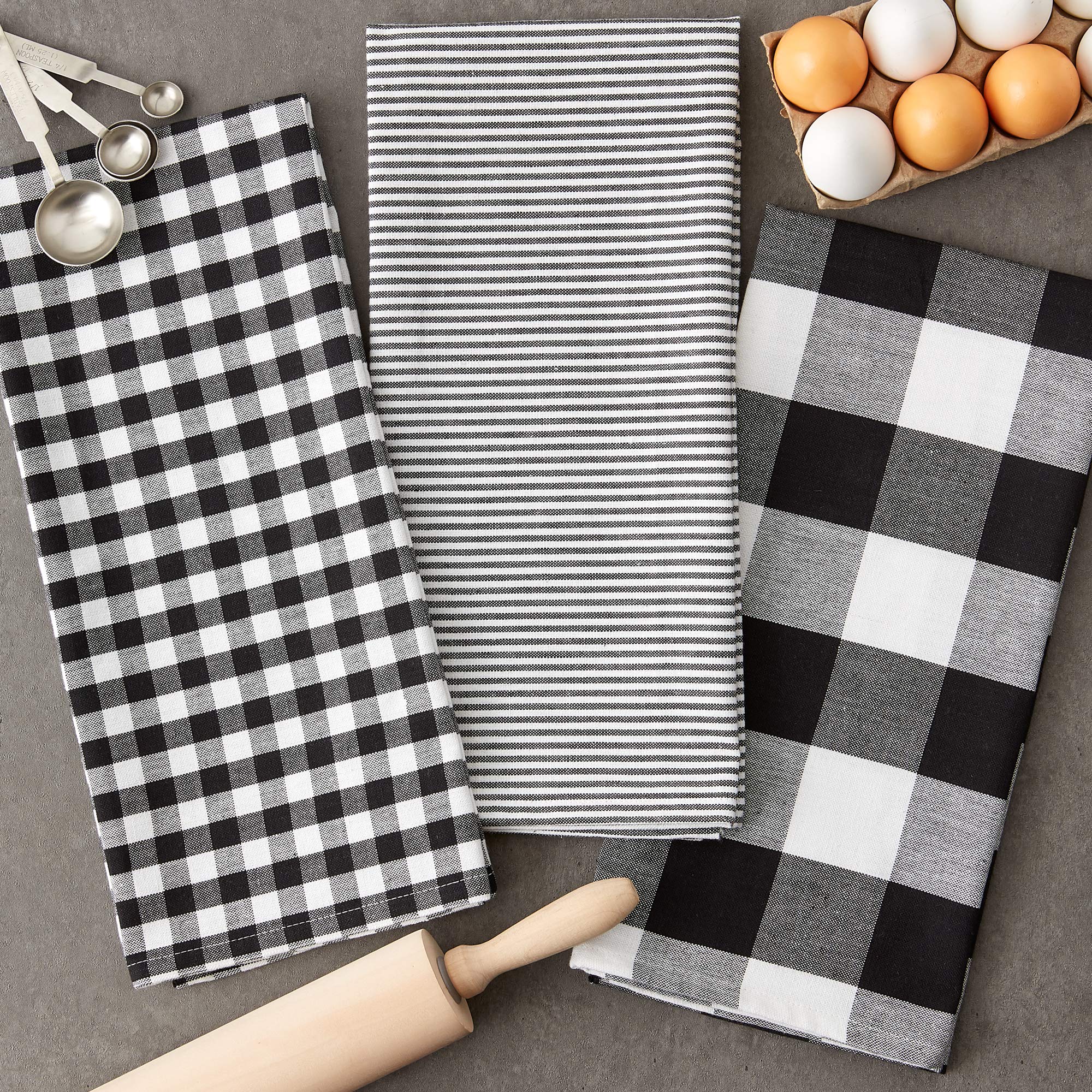 DII Gingham Check Kitchen Collection - Black Cotton Dish Towel Set for Drying Dishes, Cleaning Countertops & Stylish Kitchen Decor