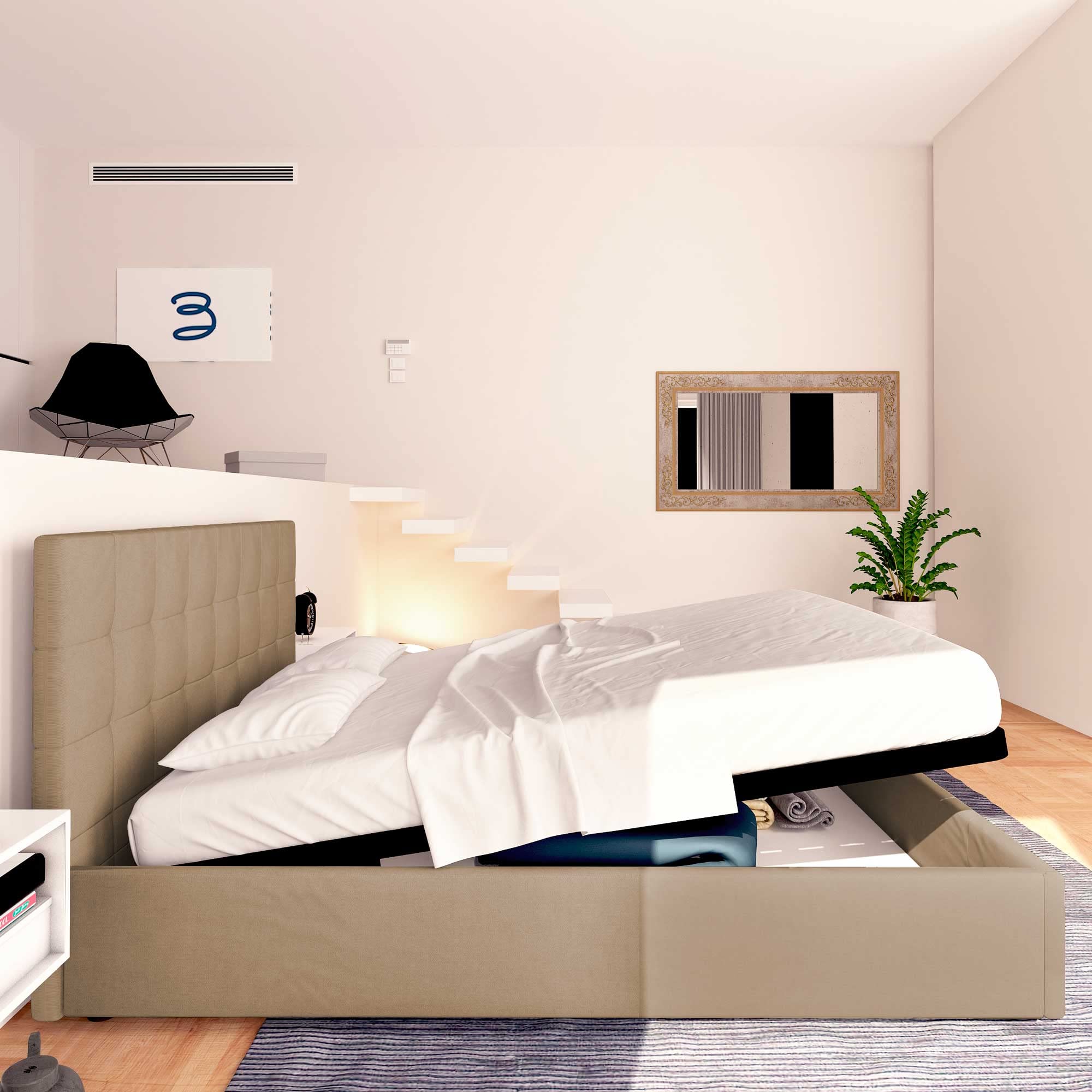 Baldiflex Single Bed with Storage, Synthetic Leather Upholstery, Slatted Base for Single Mattress, 140 x 190 cm, Elegant Headboard, Taupe Gray - Perfect for Small Bedrooms, Guest Rooms & Studio Apartments