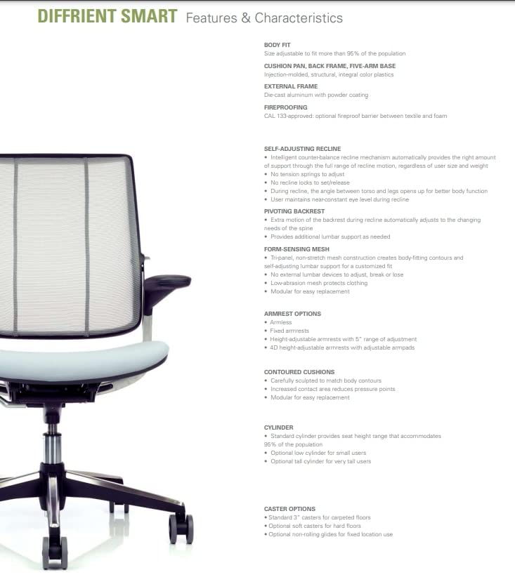 Humanscale Diffrient Smart Ergonomic Office Chair - Adjustable Duron Arms, Black Fabric Seat, Platinum Mesh Back with Carpet Casters - Perfect for Home Office & Workspace Comfort