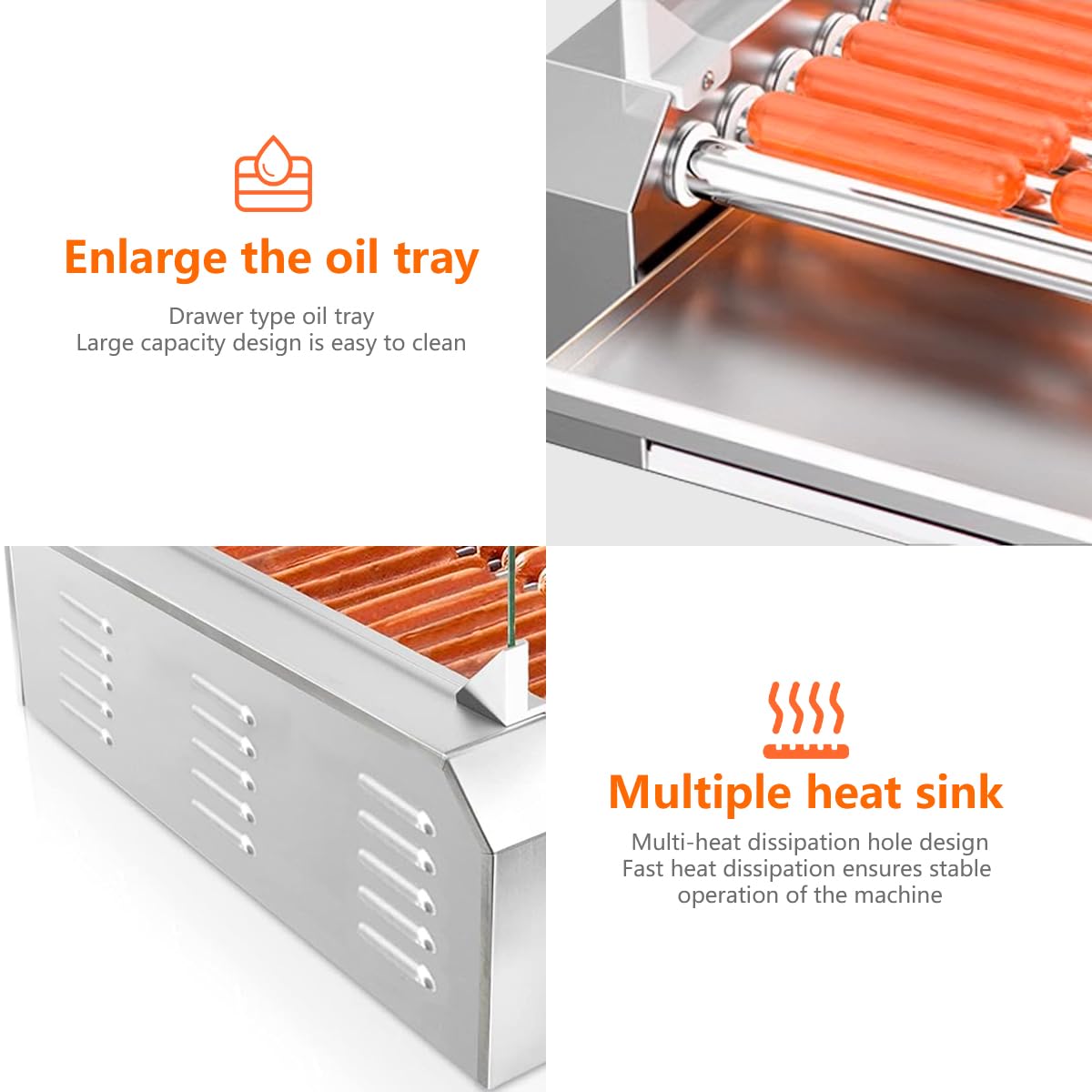 1670W Commercial Hot Dog Roller Grill Machine - 11 Non-Stick Stainless Steel Rollers, Holds 30 Hot Dogs with Removable Glass Cover - Perfect for Convenience Stores, Snack Bars, Food Trucks & Events