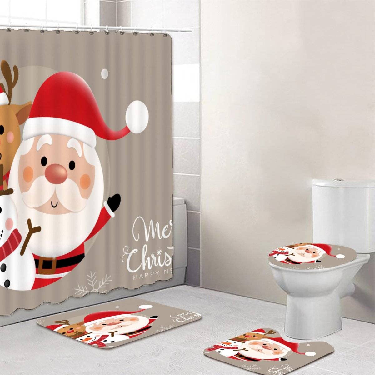 RFFLUX 3D Christmas Shower Curtain Set - 4 Piece Bathroom Decor with Santa Claus & Snowman Design, Includes Polyester Shower Curtain, Non-Slip Rug, Toilet Cover & Bath Mat (12 Hooks Included) - Perfect for Holiday Bathroom Decorations & Festive Home Styling