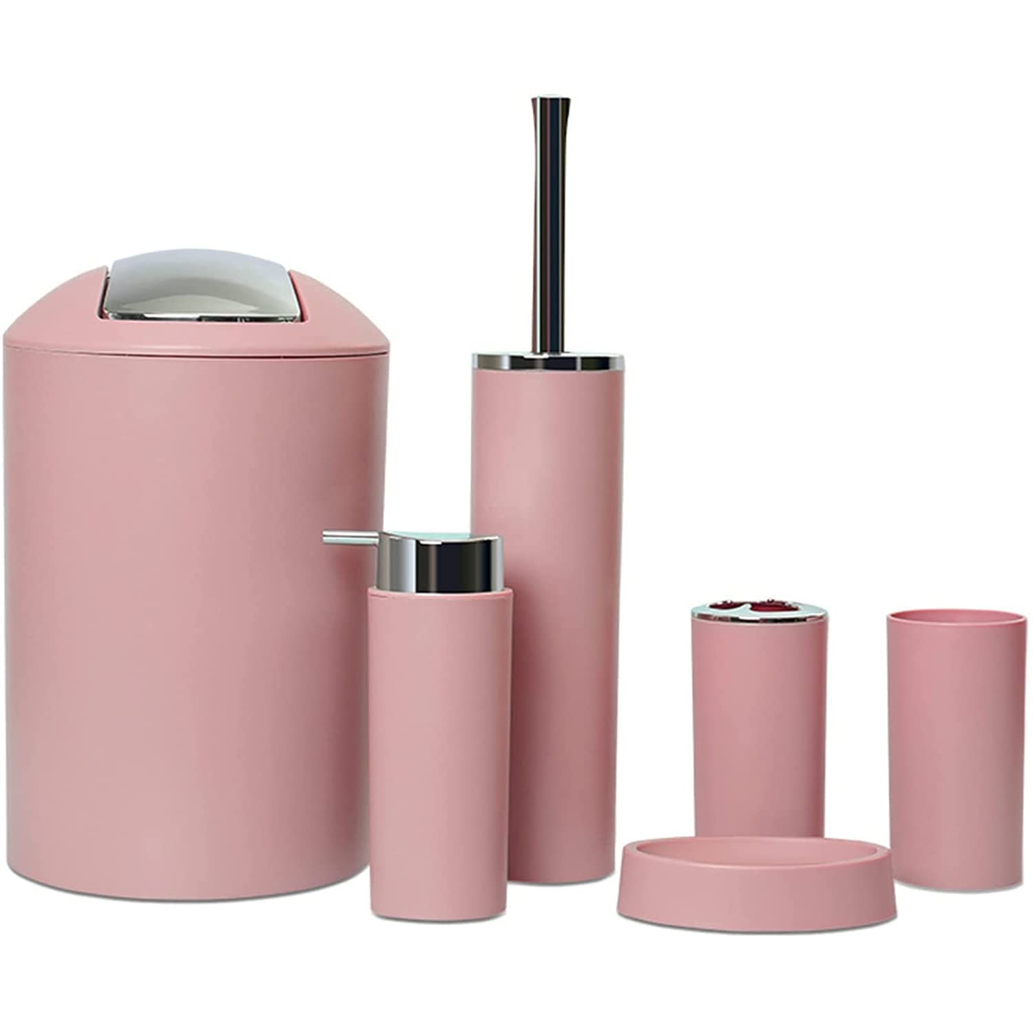 GAXQFEI 6-Piece Bathroom Accessories Set - Plastic Toothbrush Holder, Rinse Cup, Soap Dish, Soap Dispenser, Waste Bin & Toilet Brush with Holder in Pink | Modern Bathroom Organization for Home, Apartment, Dorm