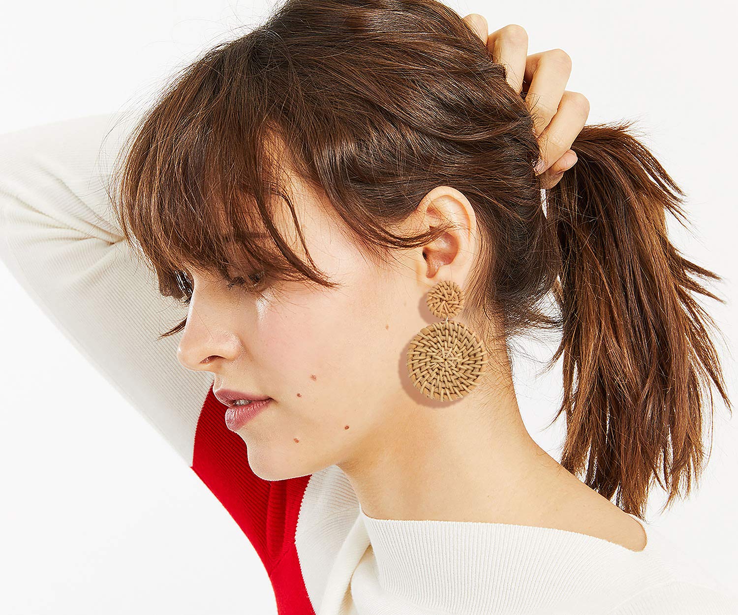 Handmade Rattan Earrings for Women - Lightweight Woven Straw Drop Hoop Earrings with Wicker Disk Stud | Boho Chic Statement Jewelry for Summer, Beach, and Casual Outfits