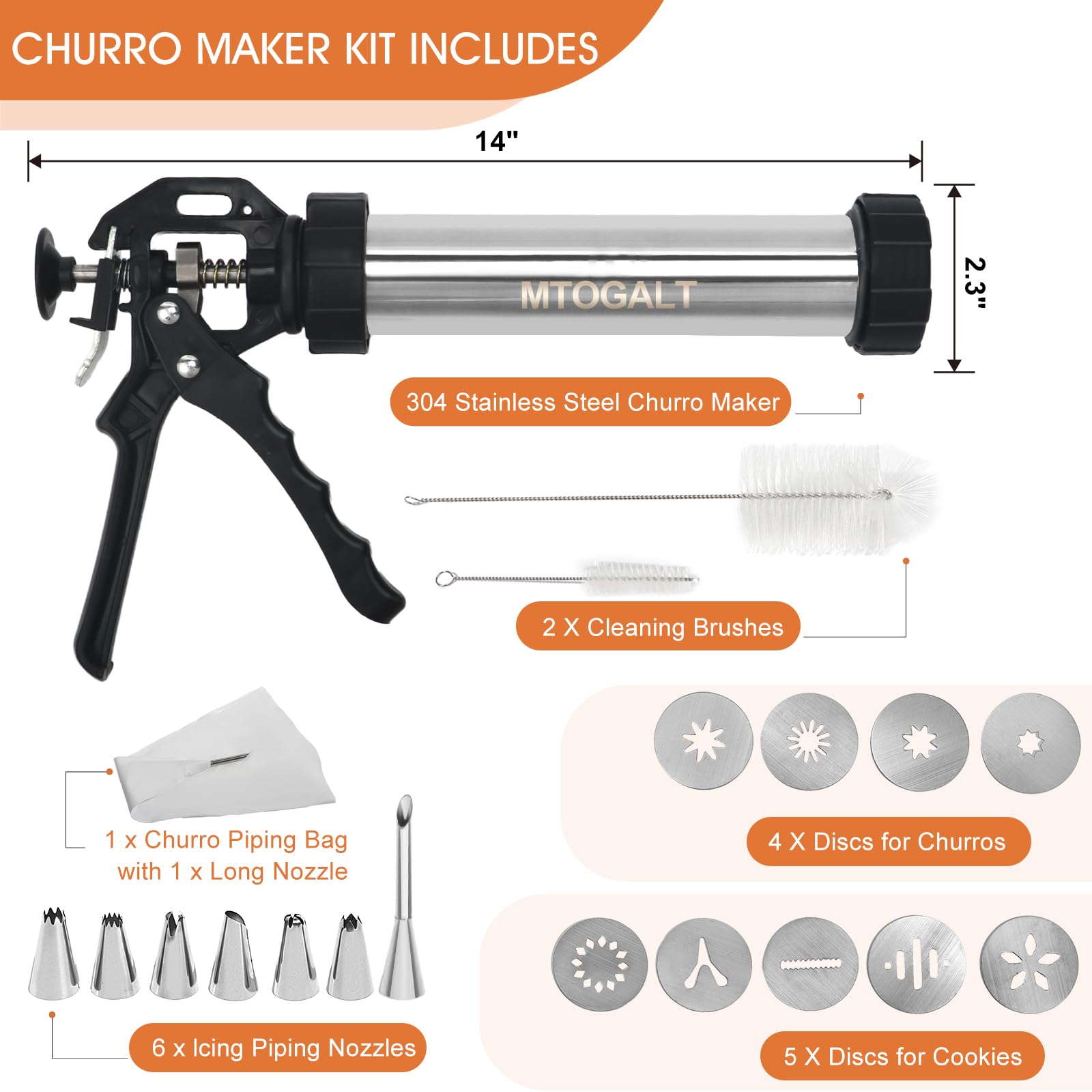 Stainless Steel Churro Maker Machine Kit - 21-Piece Churro Gun with 6 Nozzle Tips, 9 Discs & 2 Cleaning Brushes for Homemade Churros, Cookies & Pastries - Perfect for Parties, Baking & Dessert Making