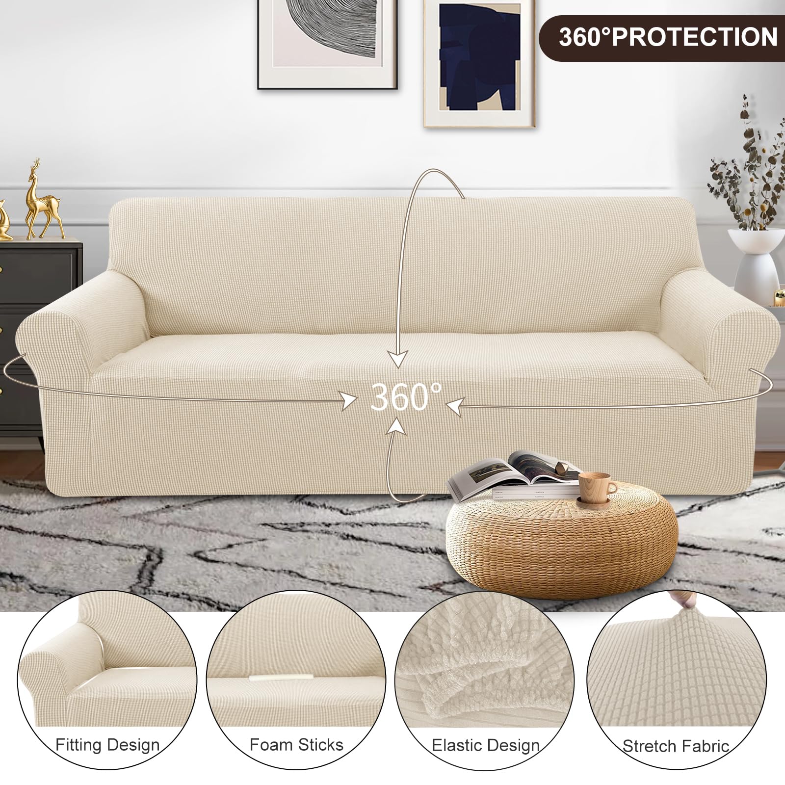 U-NICE HOME Stretch Couch Cover - Sofa Slipcover for 4 Cushion Couch, Furniture Protector, Pet Friendly, Oversized Sofa Cover in Beige - Perfect for Living Room, Family Room & Pet Owners