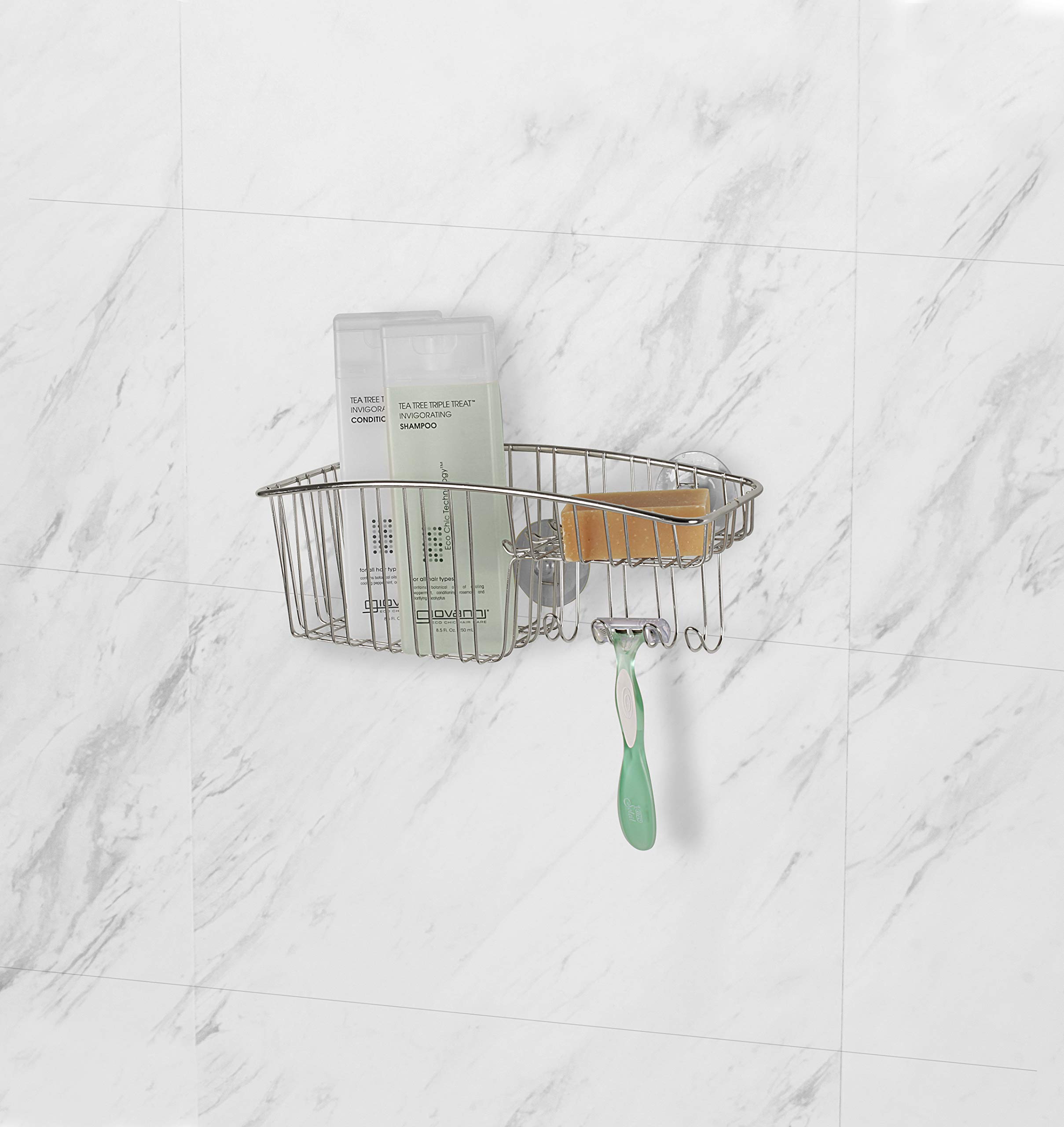Stainless Steel Shower Caddy with Suction Cups - Bathroom Organizer for Soap, Shampoo, Razors & Loofahs - Rustproof Shower Basket with Hooks - Perfect for Small Spaces & Apartment Bathrooms