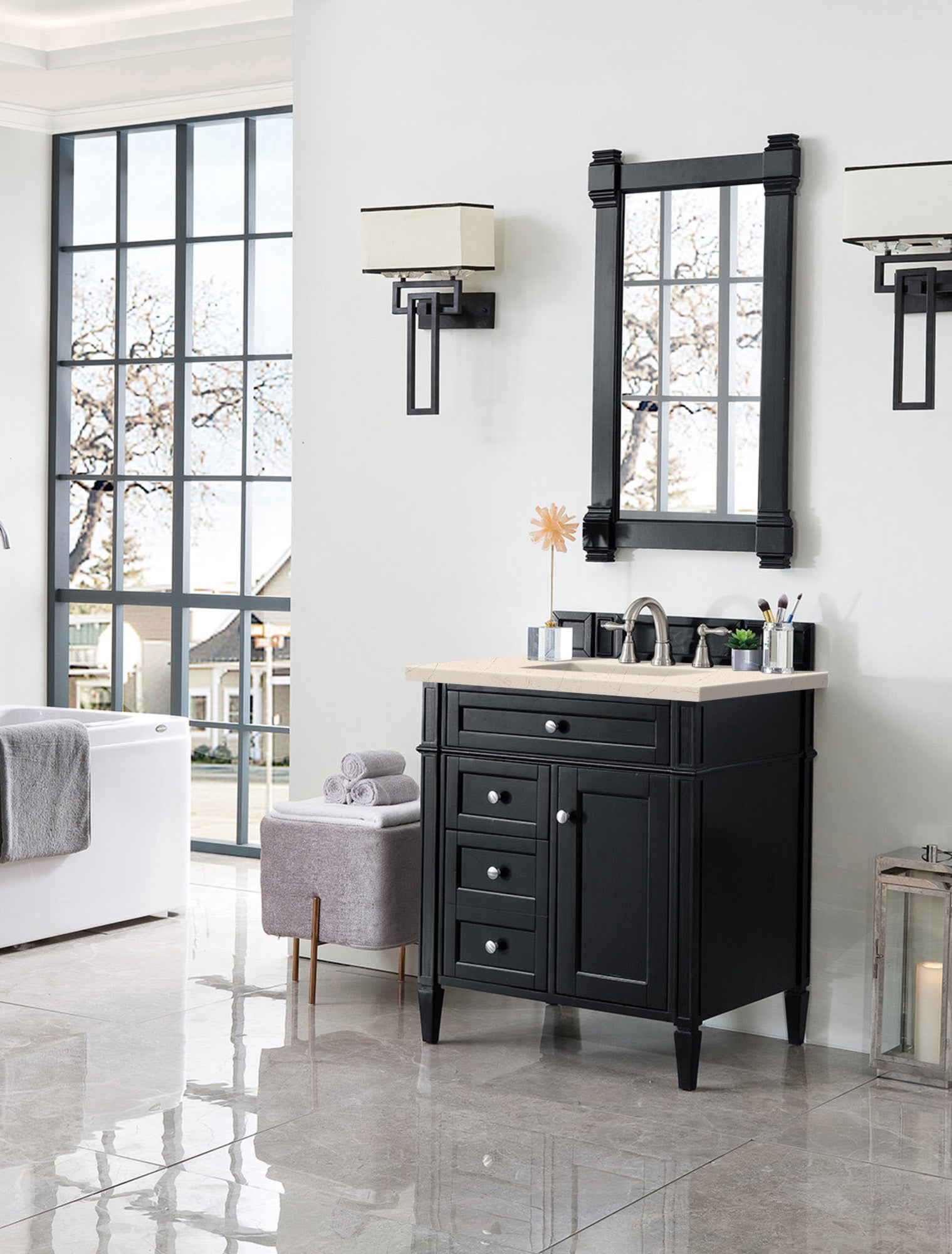 Brittany 30-Inch Single Bathroom Vanity in Black Onyx with 3CM Eternal Marfil Quartz Countertop - Perfect for Modern Master Bathrooms and Powder Rooms