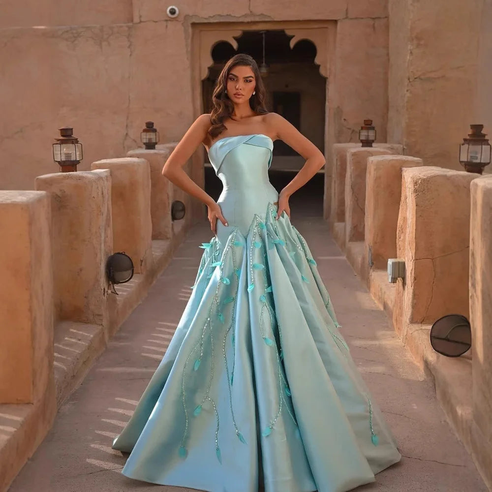 Elegant Blue Strapless Satin Mermaid Evening Gown LA73046 - Perfect for Prom, Wedding Guest & Formal Events