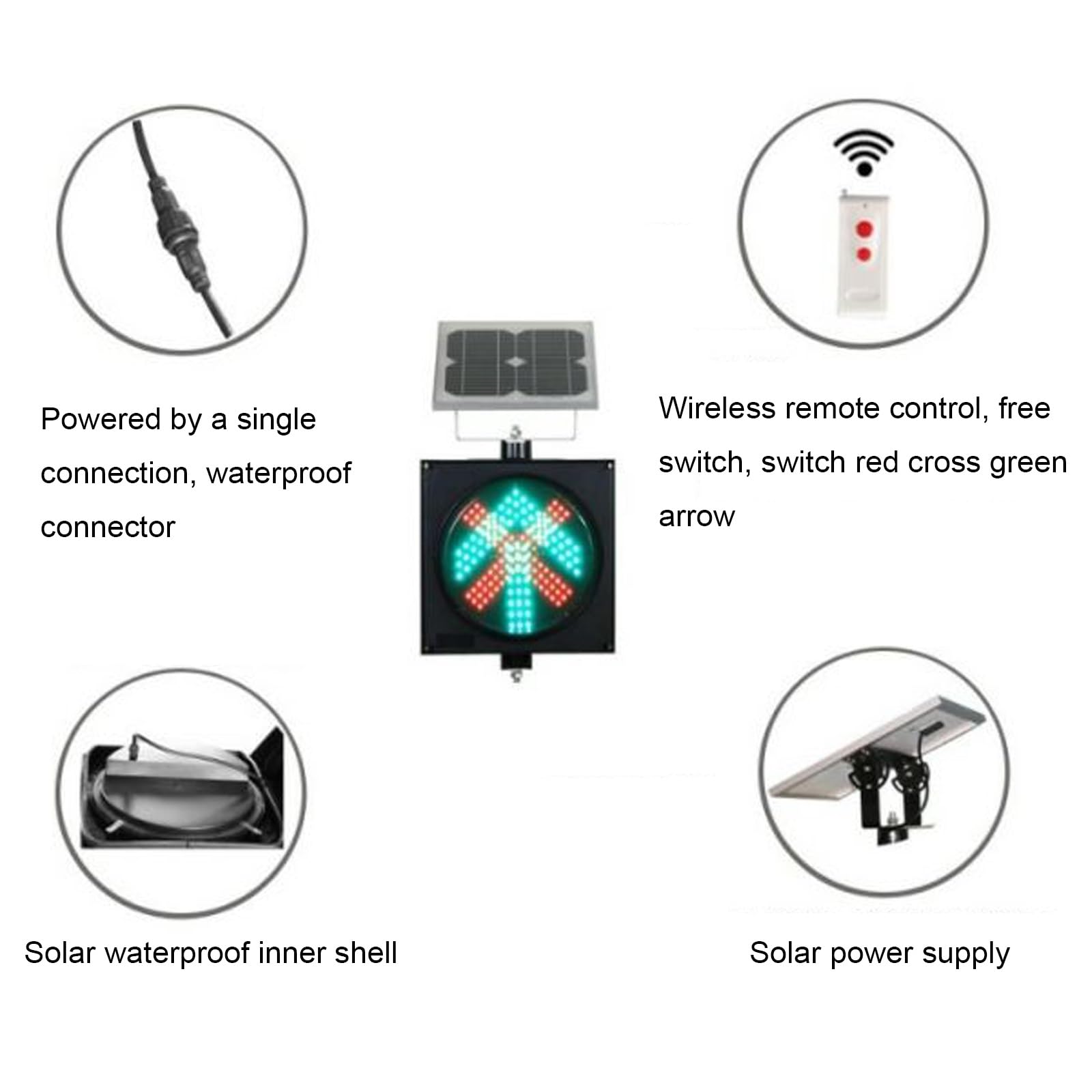 Solar-Powered Wireless Remote Control Traffic Light - Red Cross & Green Arrow LED Stop and Go Light, IP65 Waterproof for Outdoor Use - Perfect for Road Safety, Construction Zones, and School Crossings