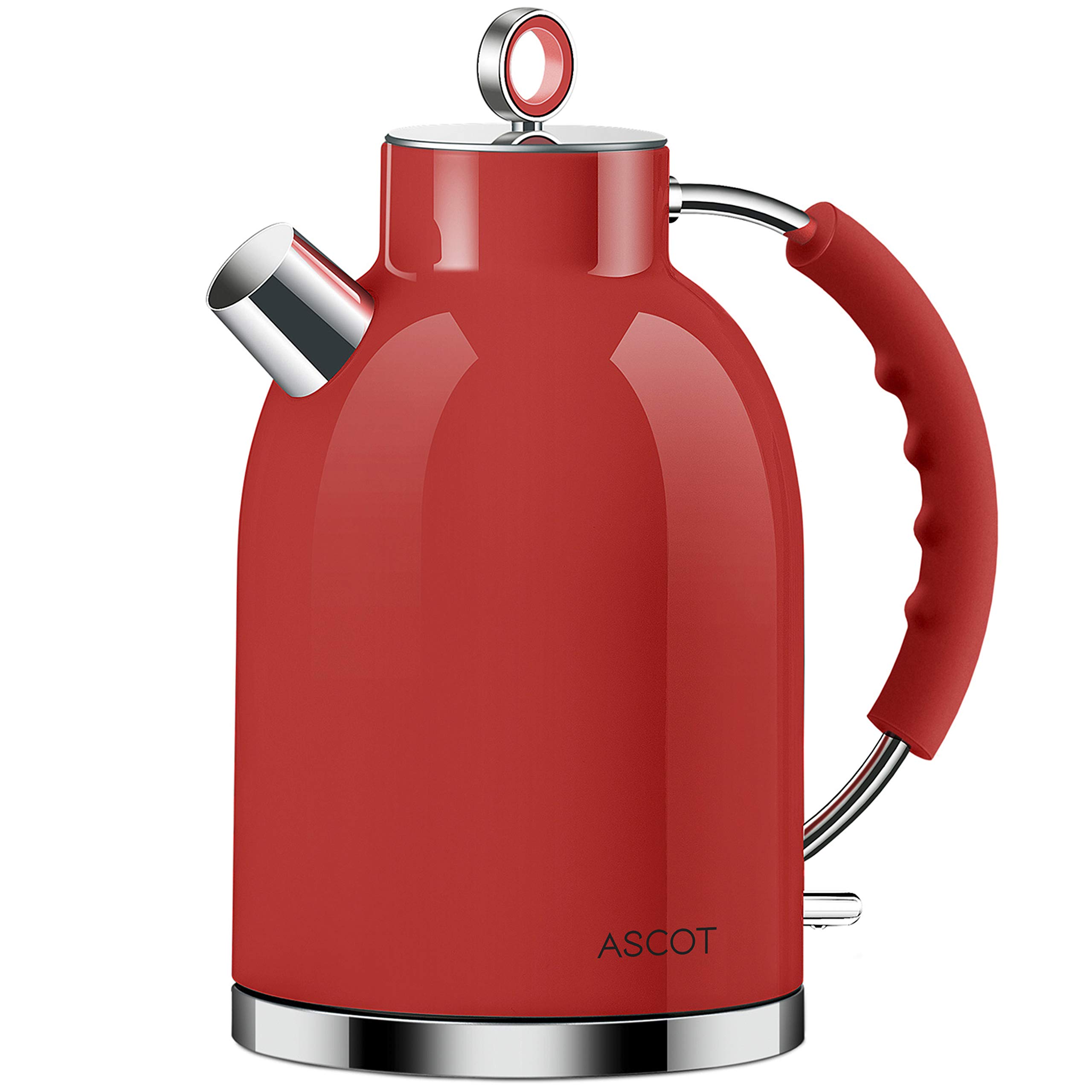ASCOT 1.7QT Stainless Steel Electric Kettle - 1500W Fast Boiling, BPA-Free, Cordless with Auto Shutoff - Perfect for Tea, Coffee & Instant Meals (Red)