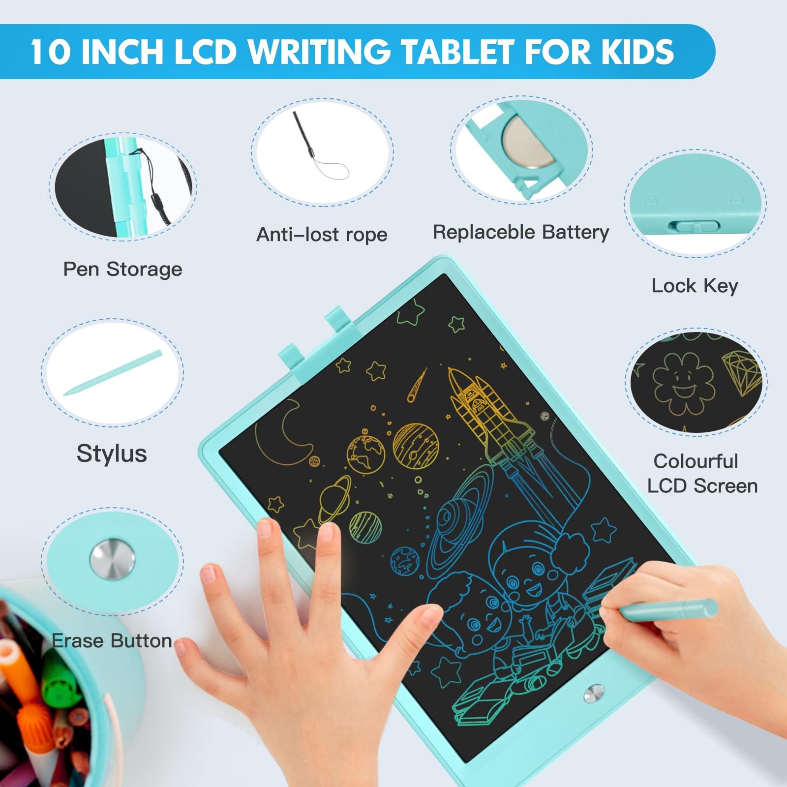 10 Inch LCD Writing Tablet for Kids - Reusable Drawing Pad with Stylus, Educational Learning Toy for Boys & Girls (Blue) - Perfect for School, Travel & Home Use